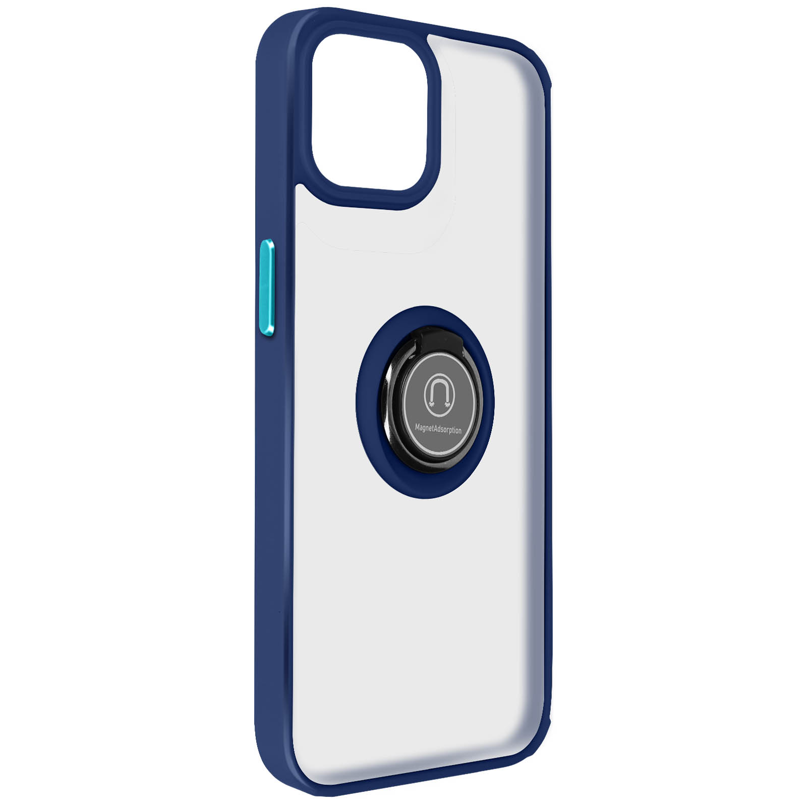 Coque de téléphone, bleue et transparente, avec anneau magnétique pour fixation, isolée.