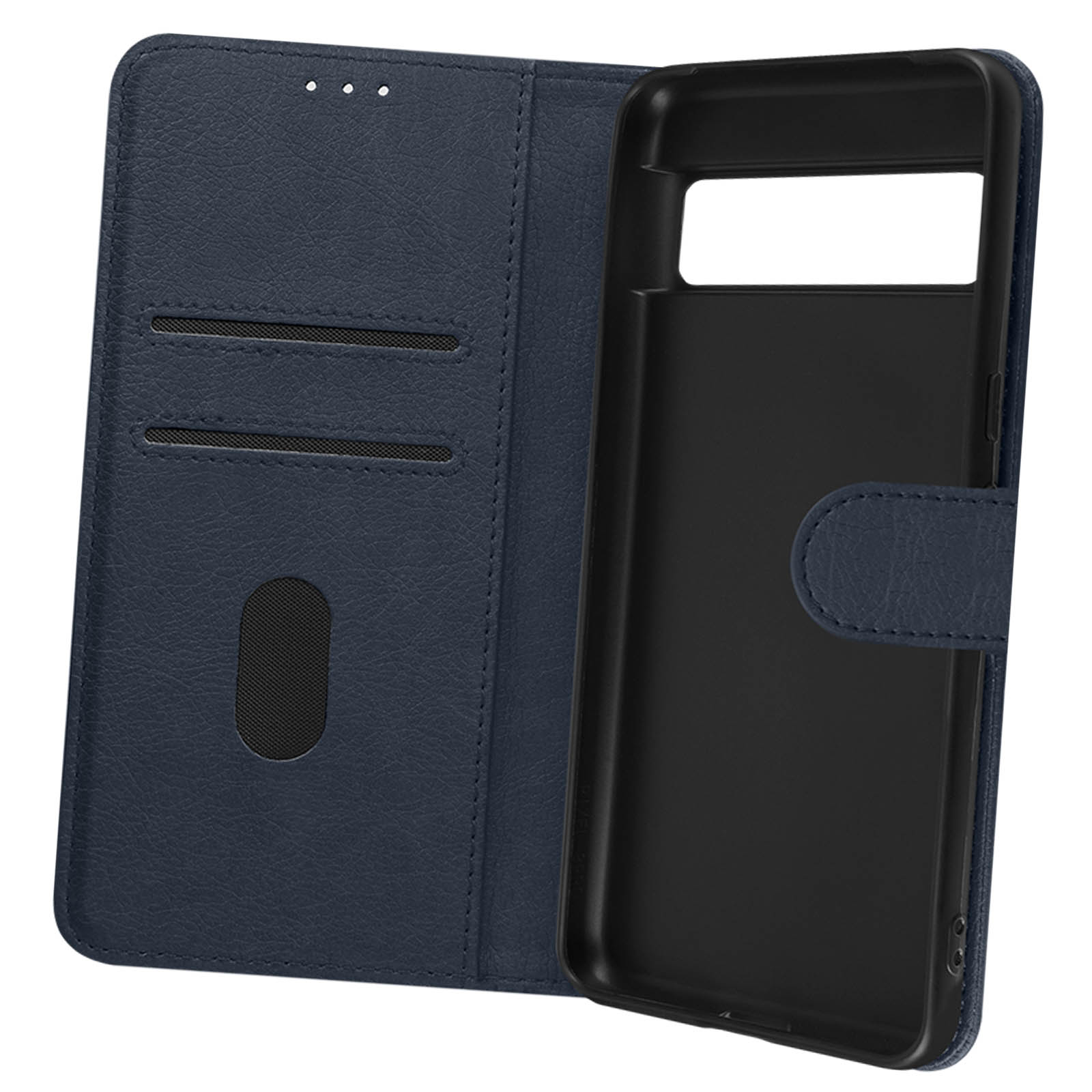 Custodia blu per telefono, aperta. Ha fessure per carte e interno nero.