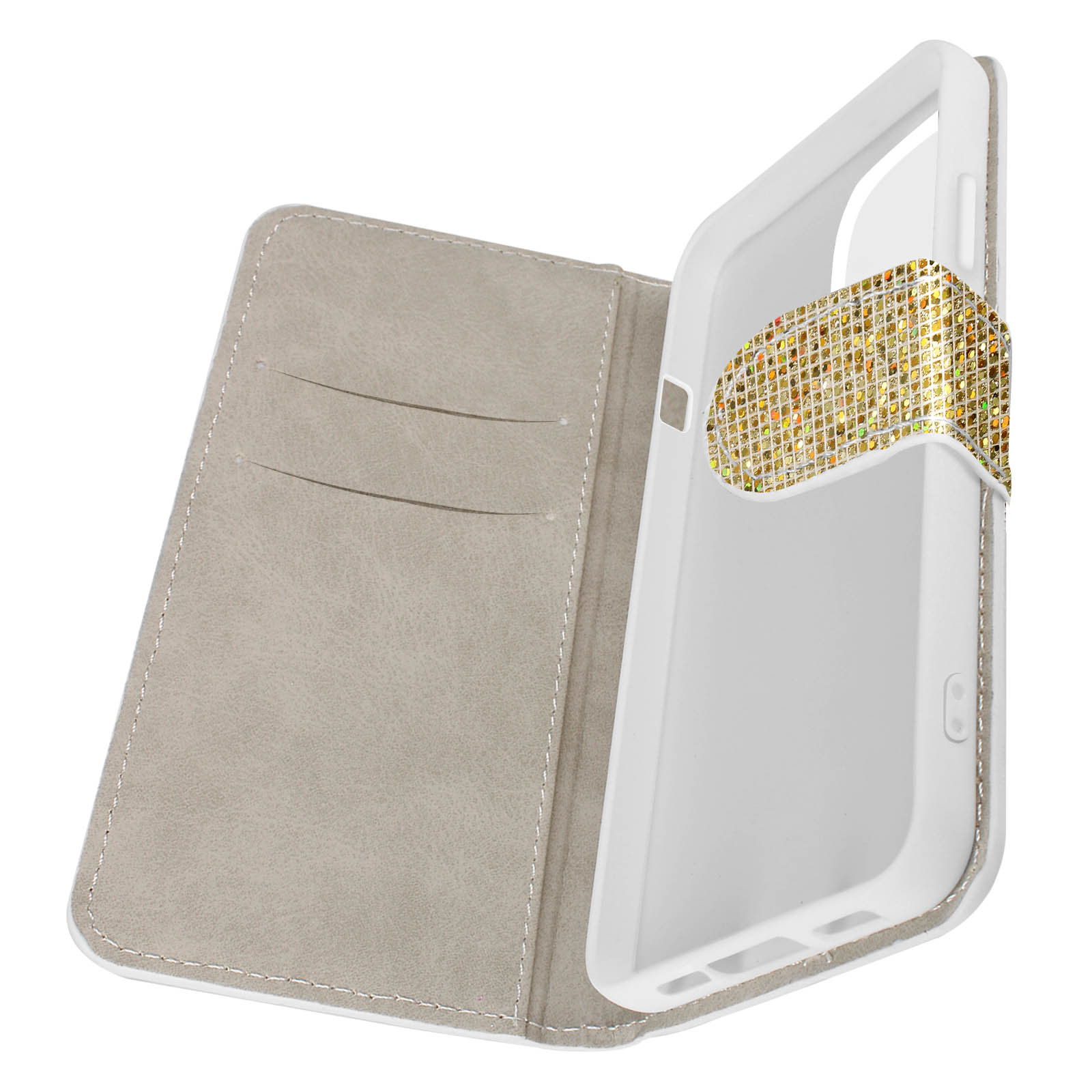Geöffnete Handyhülle mit weißem Rahmen und einem Gold- und Weiß-Edelsteindesign. Grauer Innenraum, weißer Hintergrund.