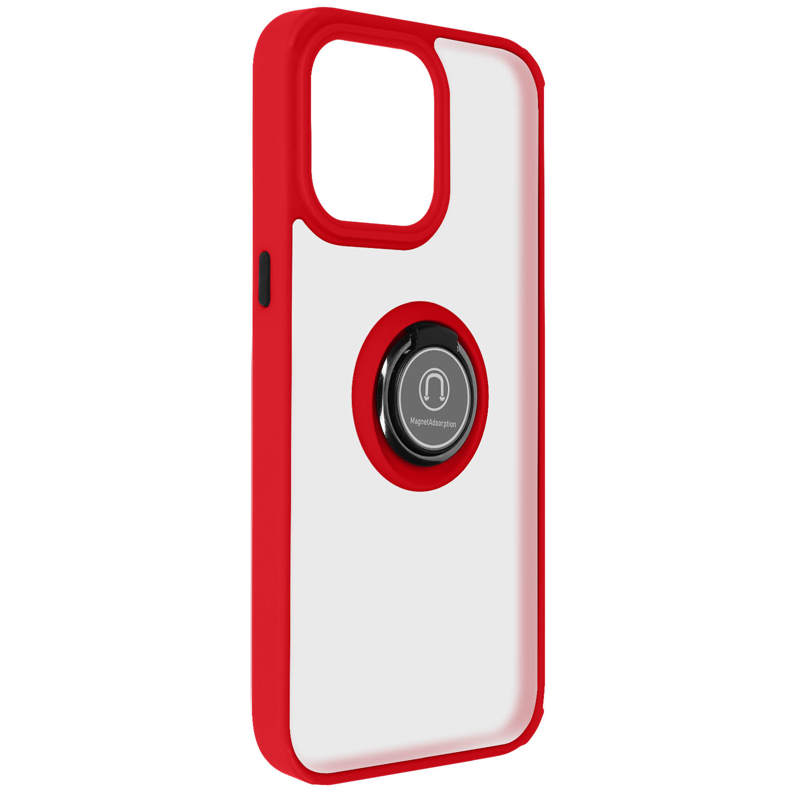 Custodia per telefono rossa con supporto ad anello nero. Sfondo bianco.