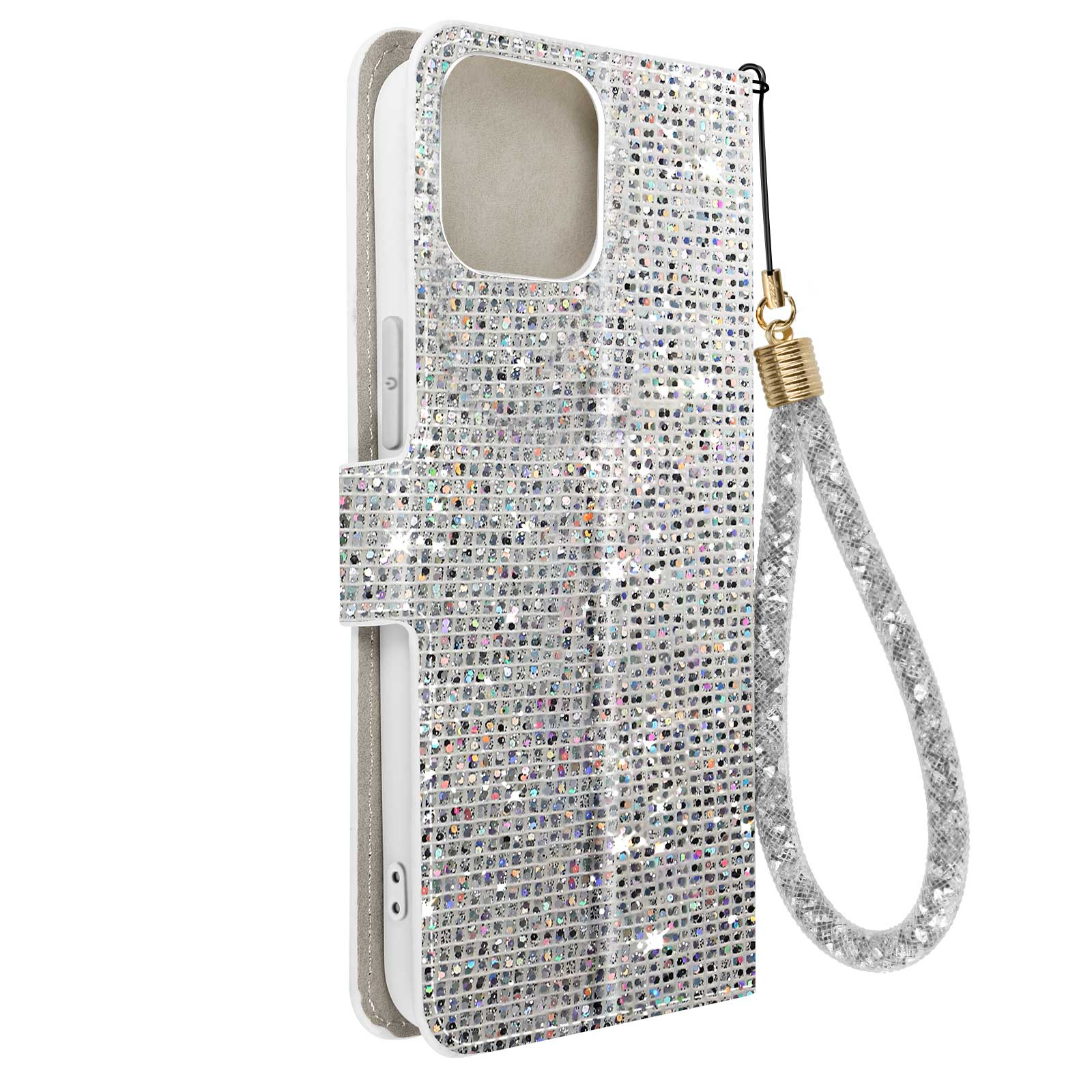 Custodia argentata per telefono con strass, cinturino e interno bianco. Vista angolata su bianco.