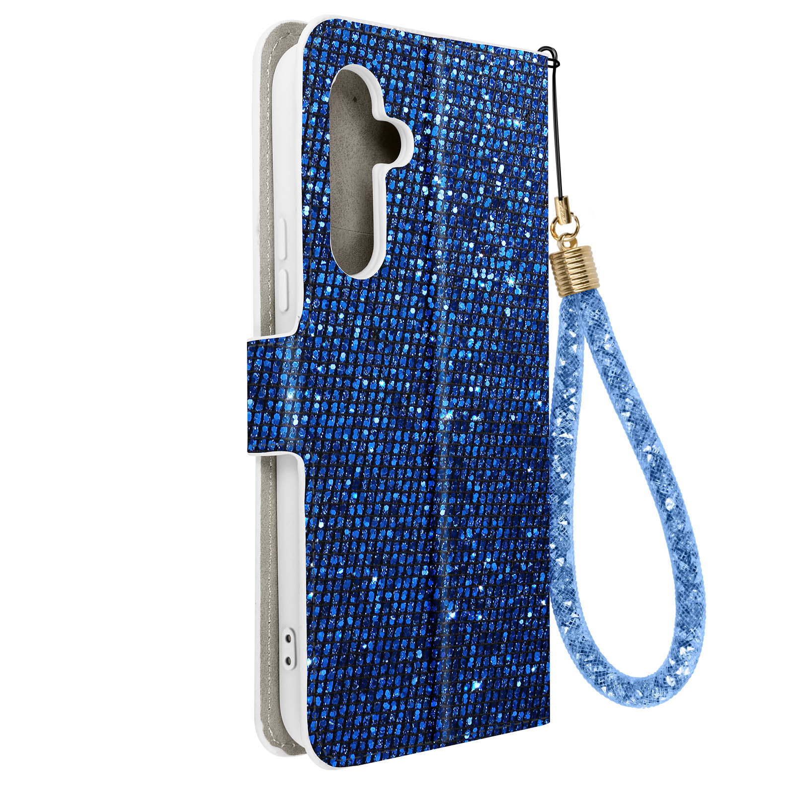 Custodia blu glitterata con cinturino blu. Sfondo bianco.