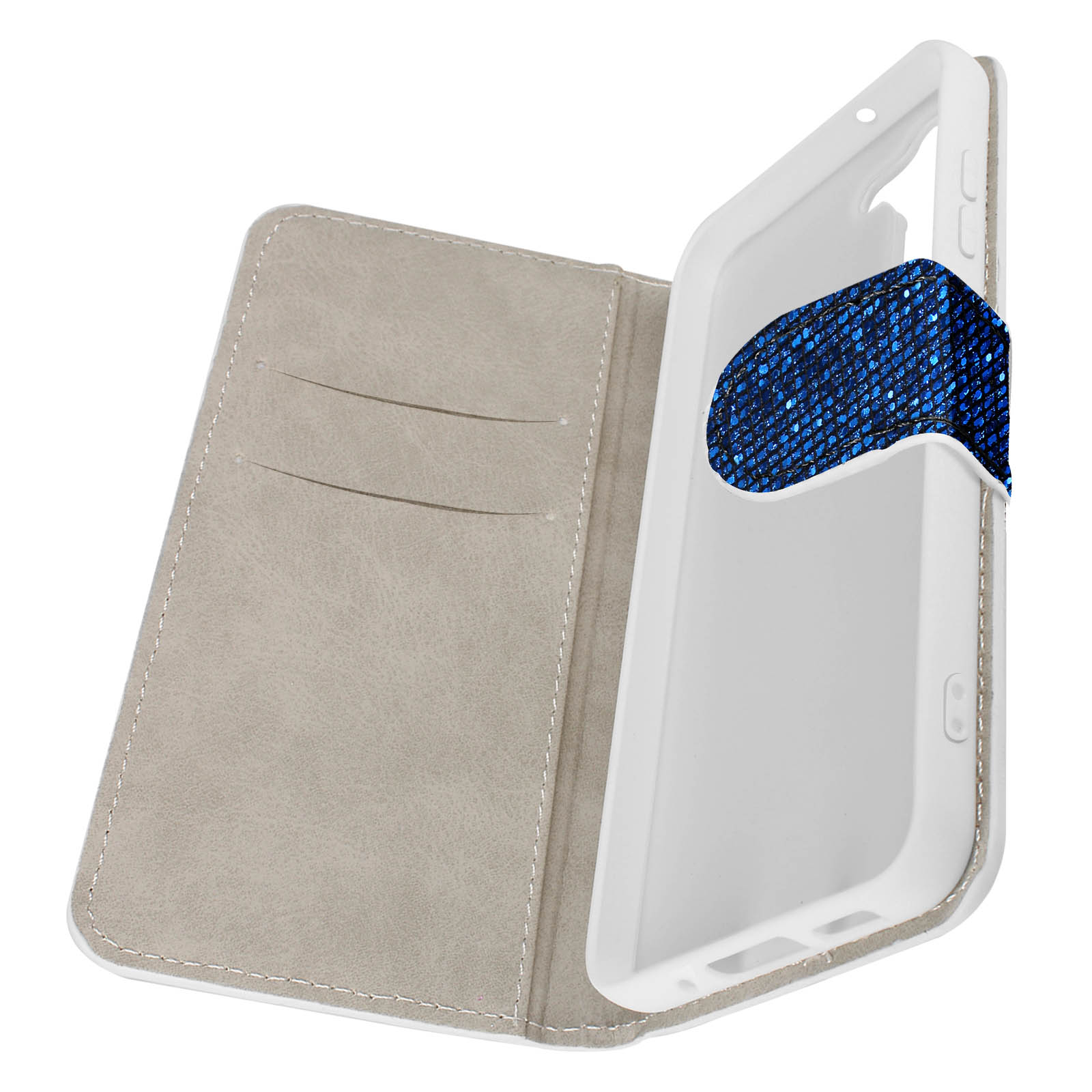 Una custodia per telefono con uno scomparto per carte e un dettaglio di paillettes blu.