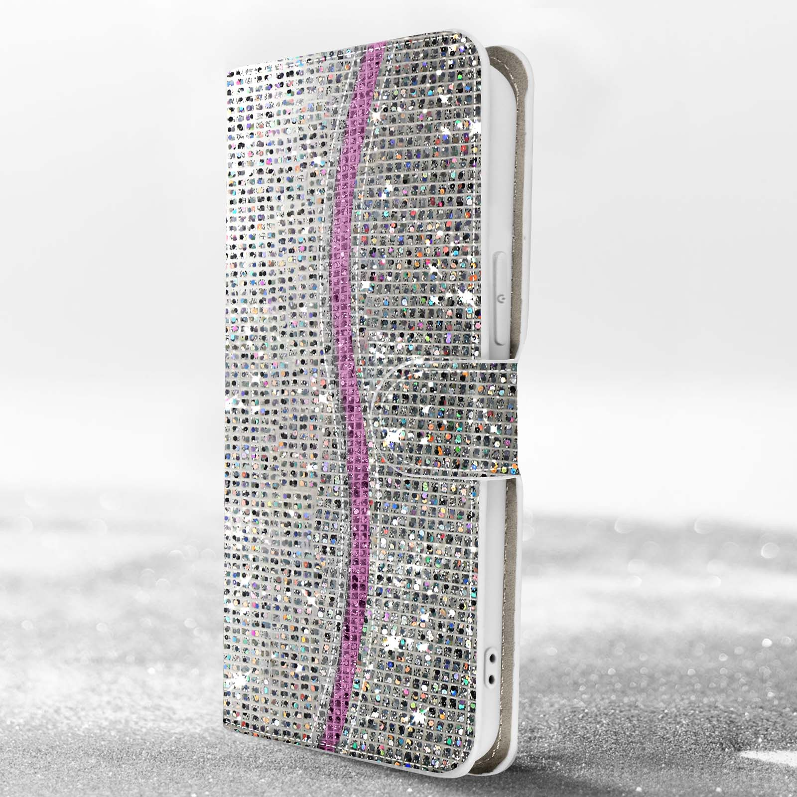 Custodia per telefono scintillante con cristalli e una striscia rosa al centro.
