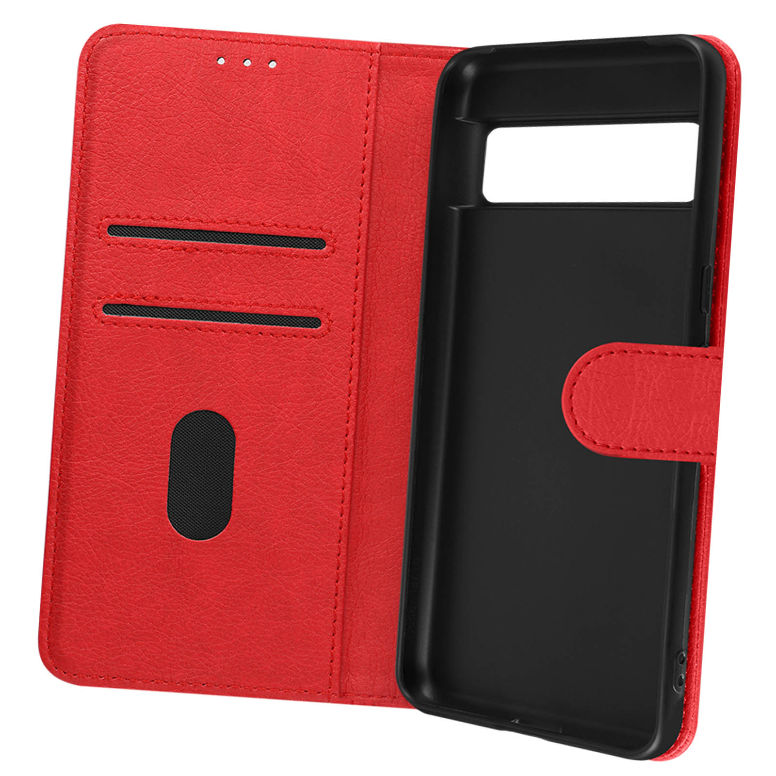 Custodia per telefono in pelle rossa, aperta. Interno nero con fessure per carte.