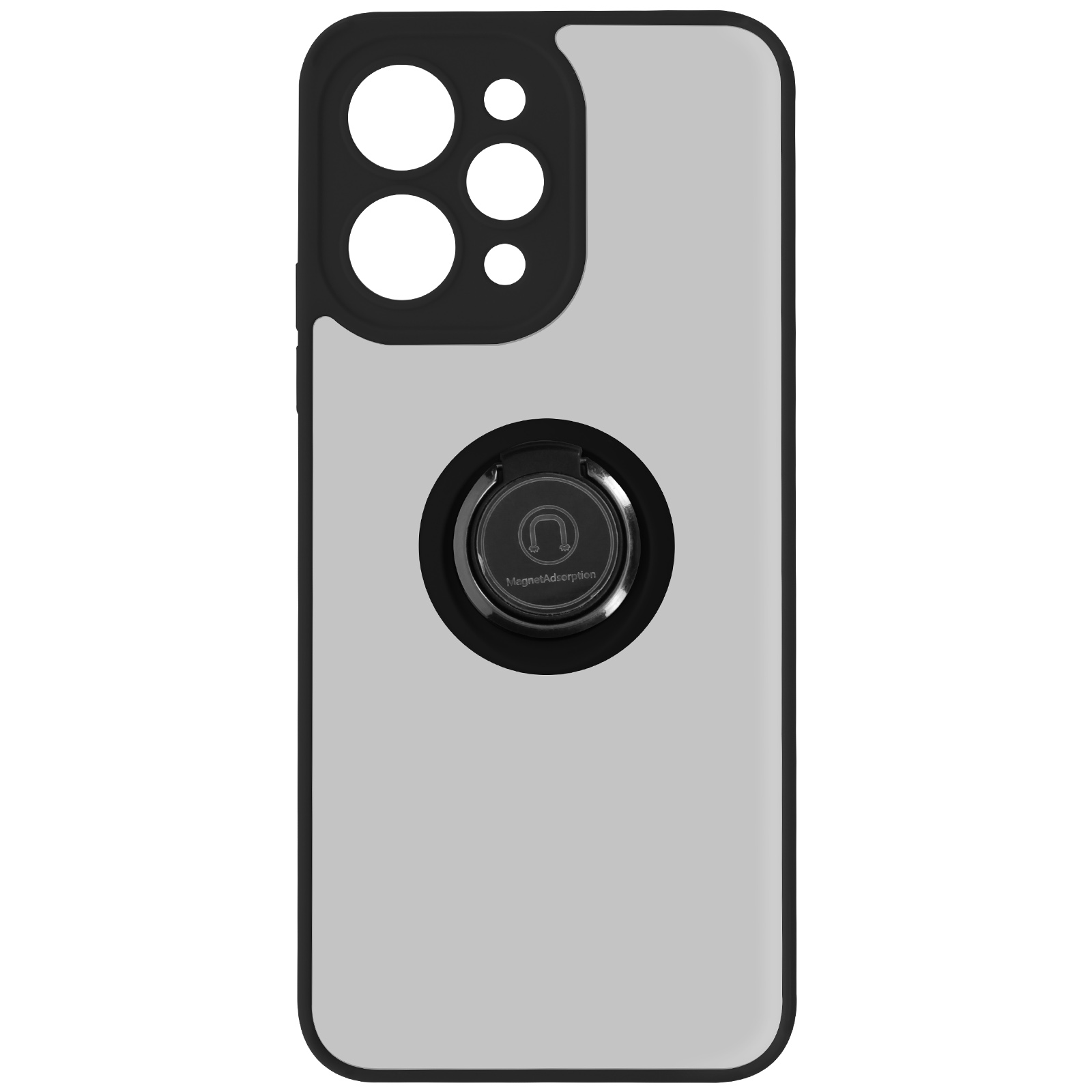 Custodia per telefono argentata con supporto ad anello nero, ritaglio fotocamera nero su sfondo bianco.