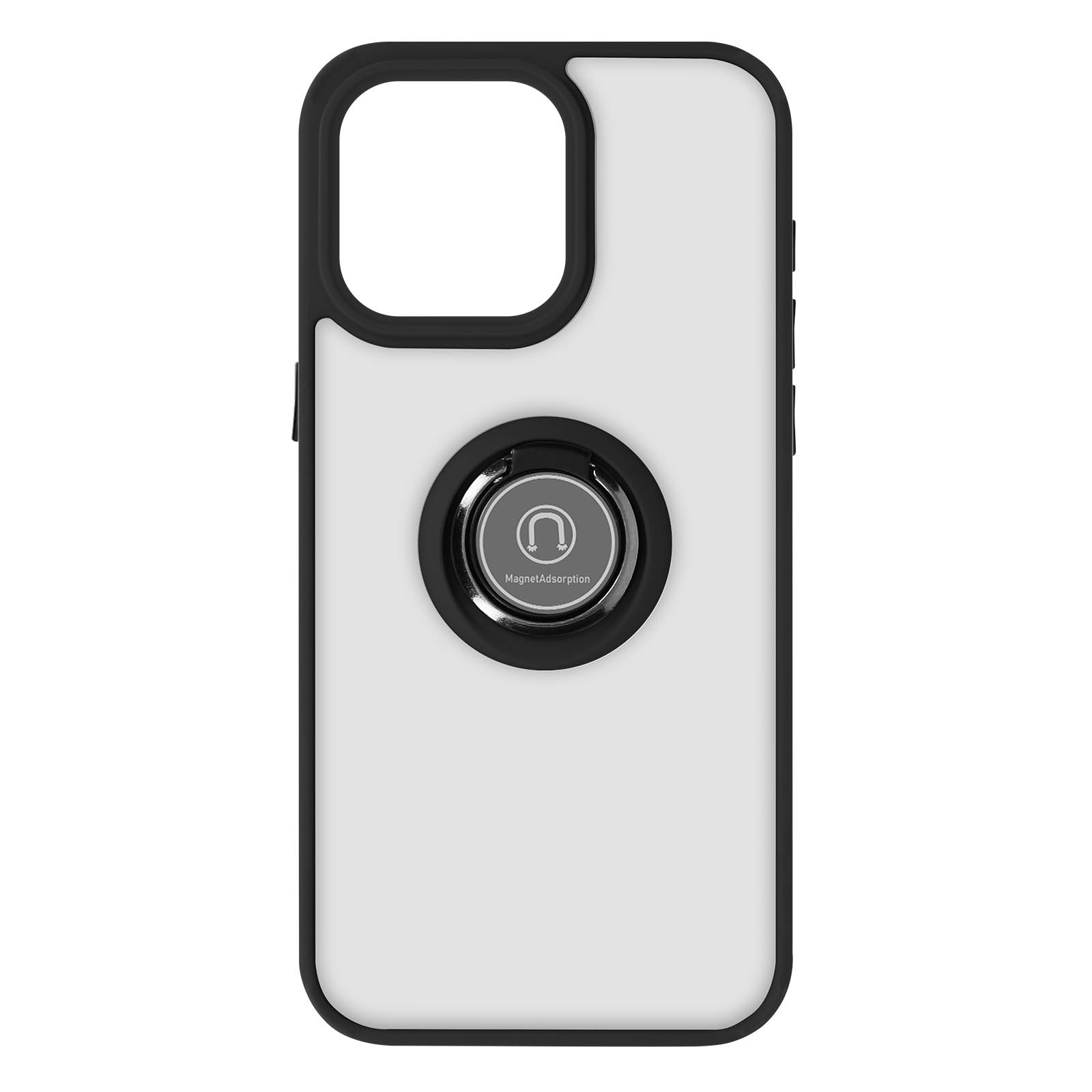 Custodia per telefono bianca con cornice nera e supporto ad anello circolare. Sfondo bianco.