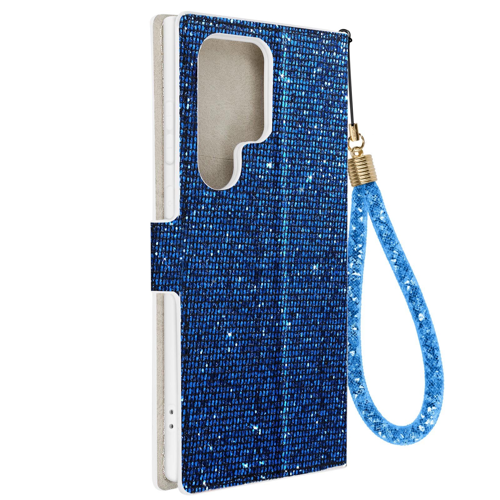 Custodia per telefono glitterata blu con cinturino da polso. Sfondo bianco.