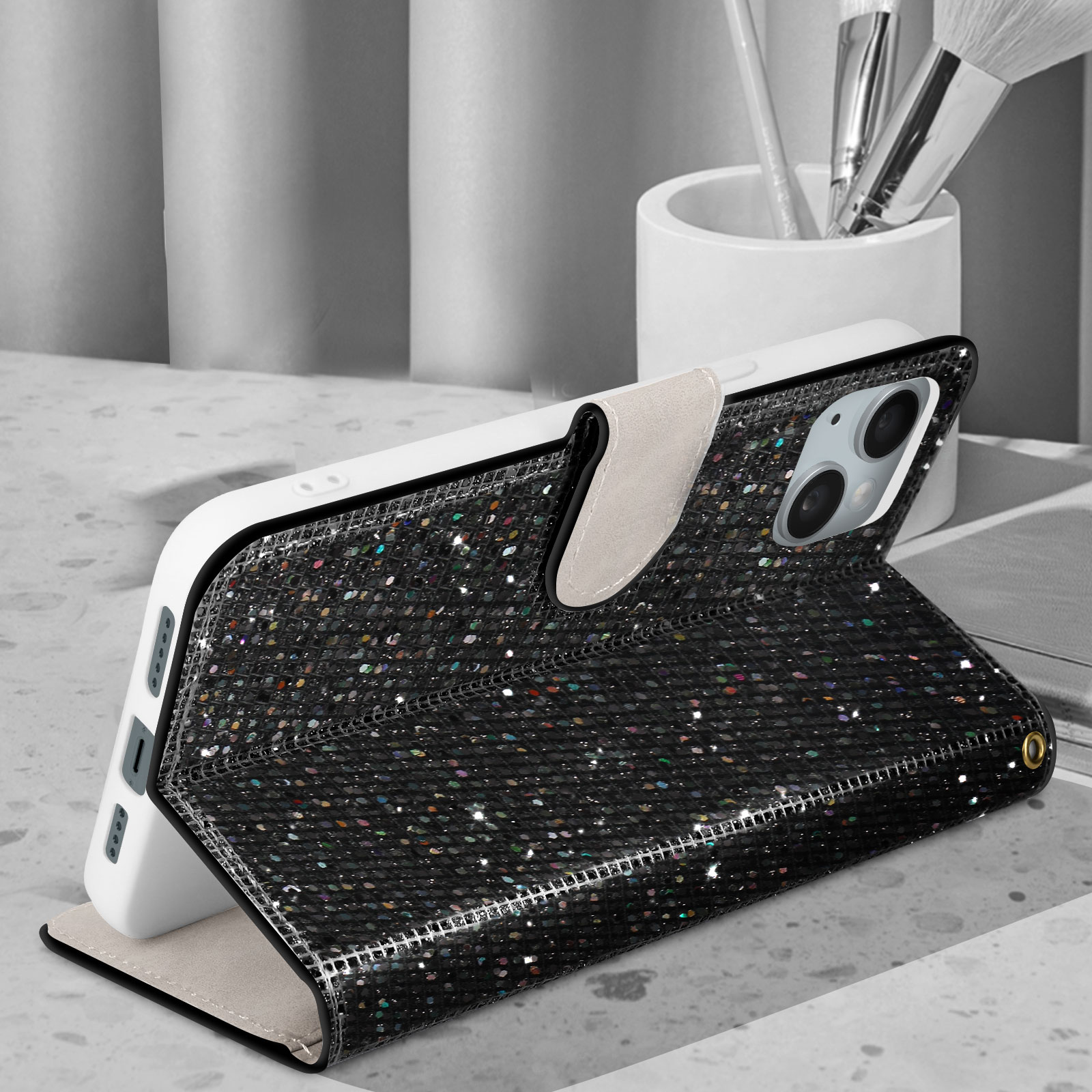 iPhone 14, AVIZAR Disco Schwarz Bookcover, Edition Glam Series, Apple,