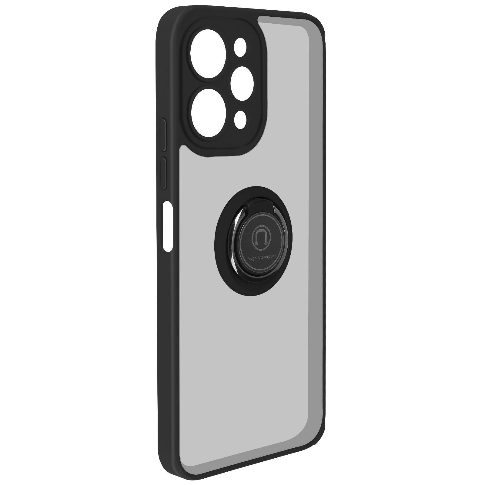 Custodia per telefono con cornice nera, retro trasparente e supporto ad anello nero. Sfondo grigio.