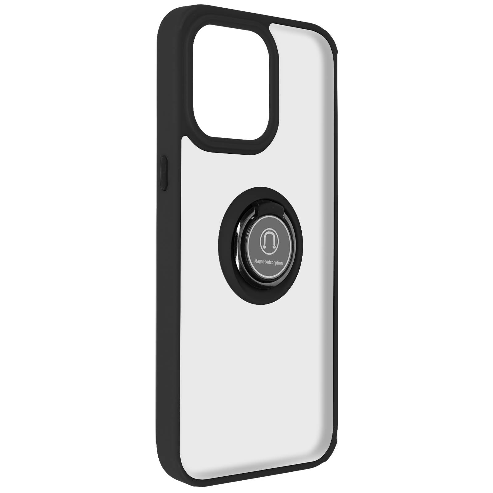 Custodia per telefono nera e trasparente con un supporto ad anello magnetico attaccato al centro.