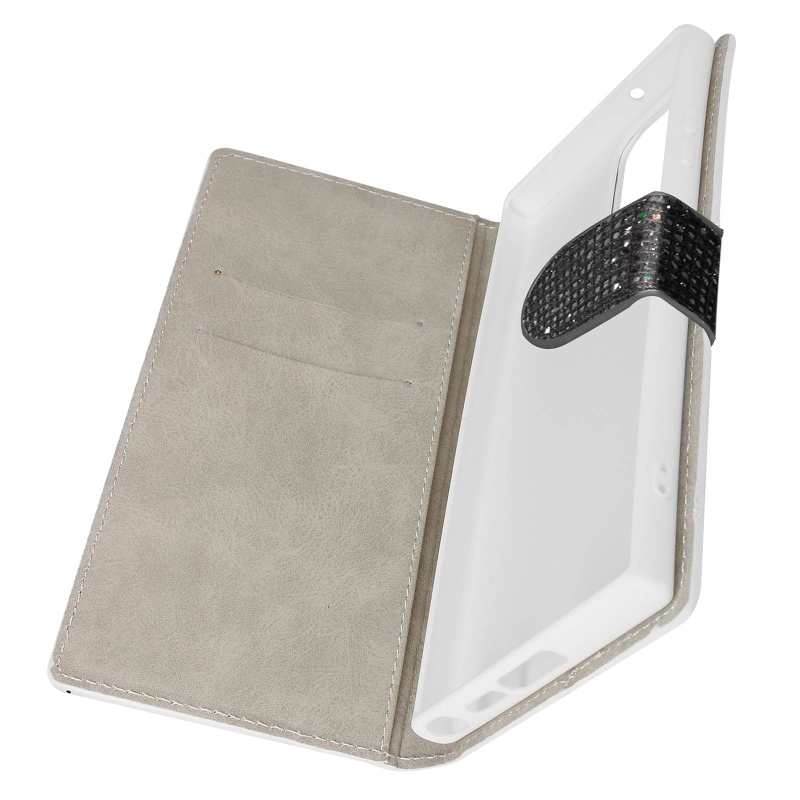 Custodia del telefono aperta con interno grigio e cinturino nero.