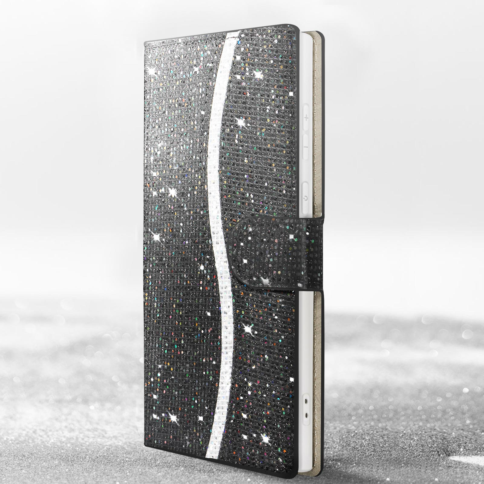Custodia per telefono con glitter, in piedi. Una striscia bianca al centro. Un telefono dentro.