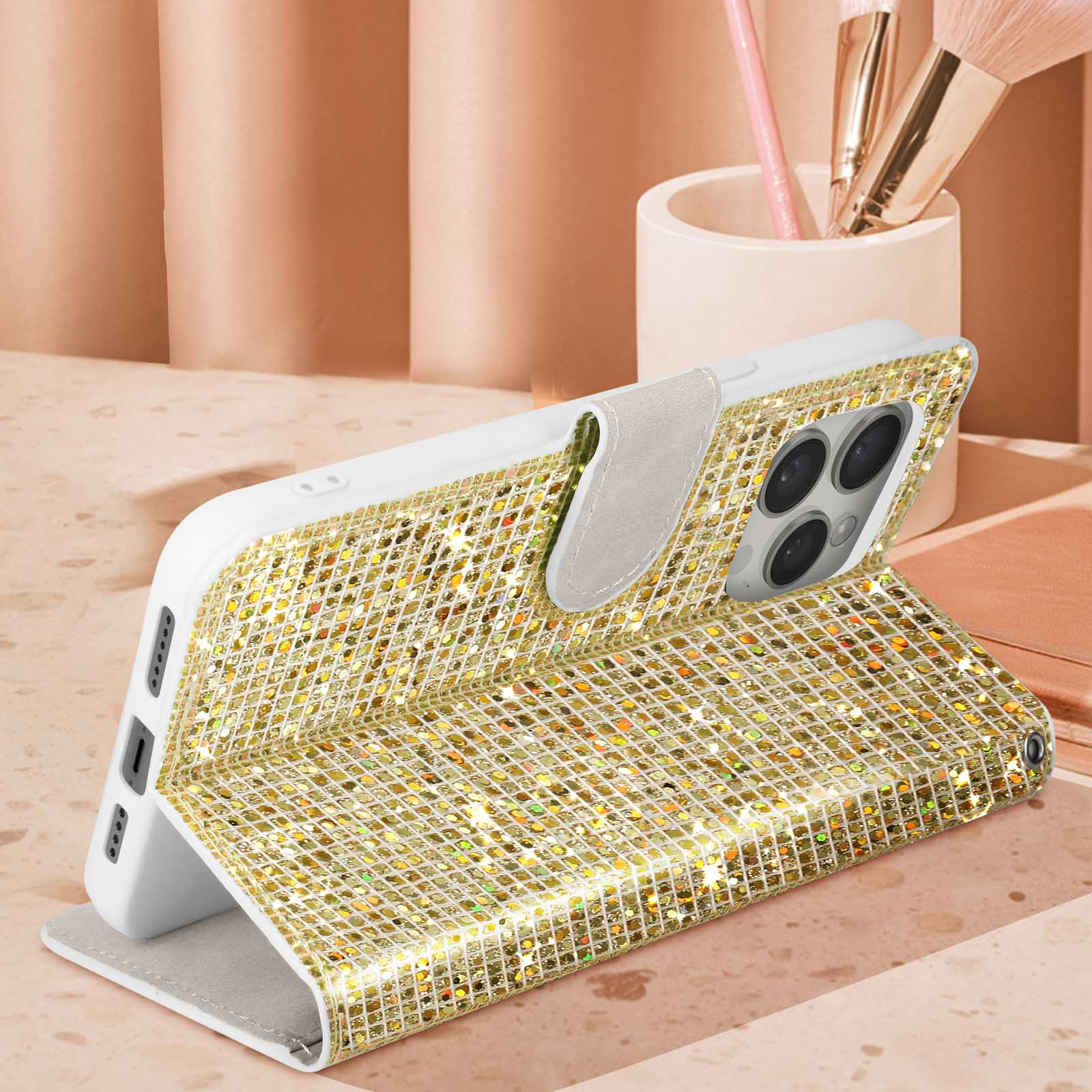 Geöffnete Handyhülle mit glitzerndem Design. Das Telefon ist darin.