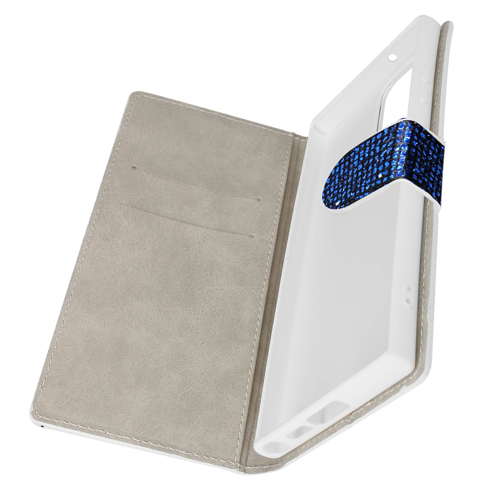 Custodia del telefono aperta, con fessure per carte. Una fascia blu con paillettes è attaccata al telefono all'interno della custodia.