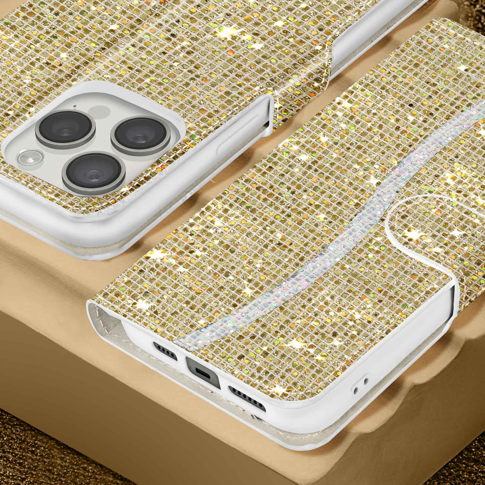 Handyhülle mit glitzernden, goldenen Strasssteinen. Die Hülle ist offen und geschlossen.