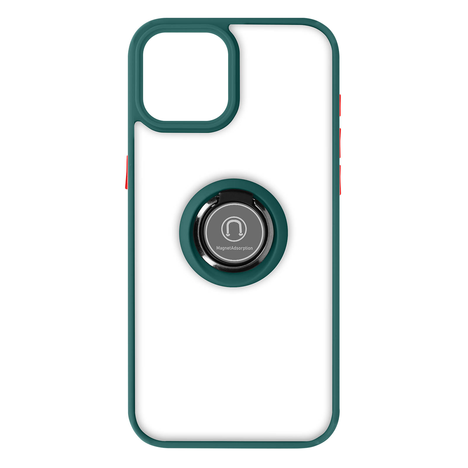 Custodia trasparente per telefono con cornice verde scuro e supporto ad anello. Isolato su bianco.