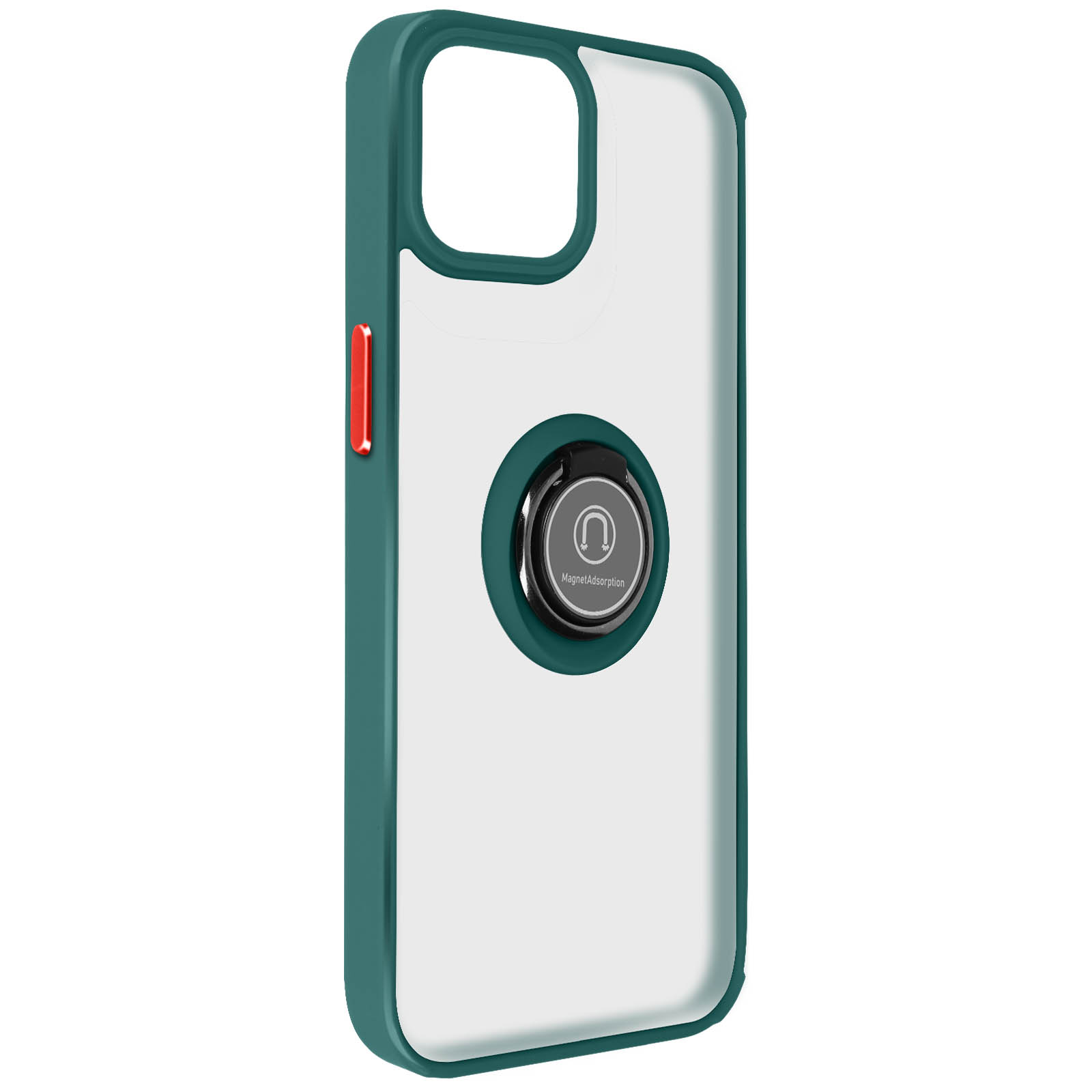 Custodia per telefono verde acqua con retro trasparente. Supporto ad anello nero attaccato.