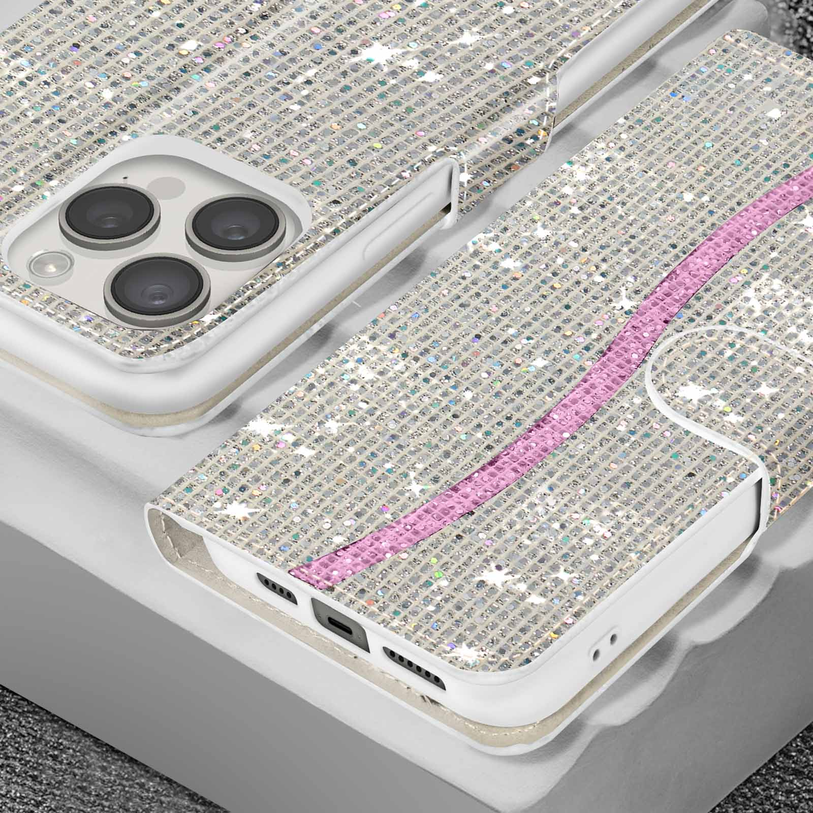 Custodia per telefono ricoperta di glitter con stile a portafoglio aperto. Una striscia rosa attraversa la custodia.