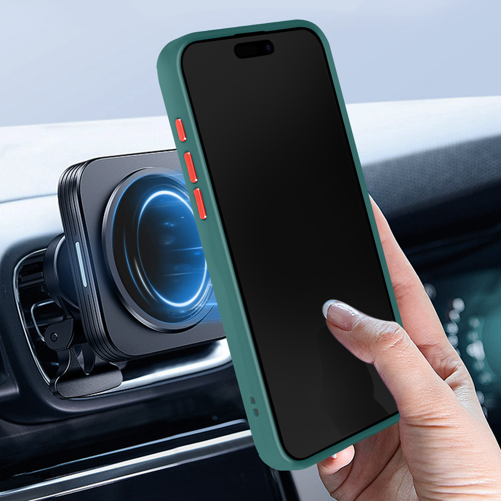 Una custodia per telefono verde acqua con un telefono attaccato a un supporto per bocchetta dell'auto.
