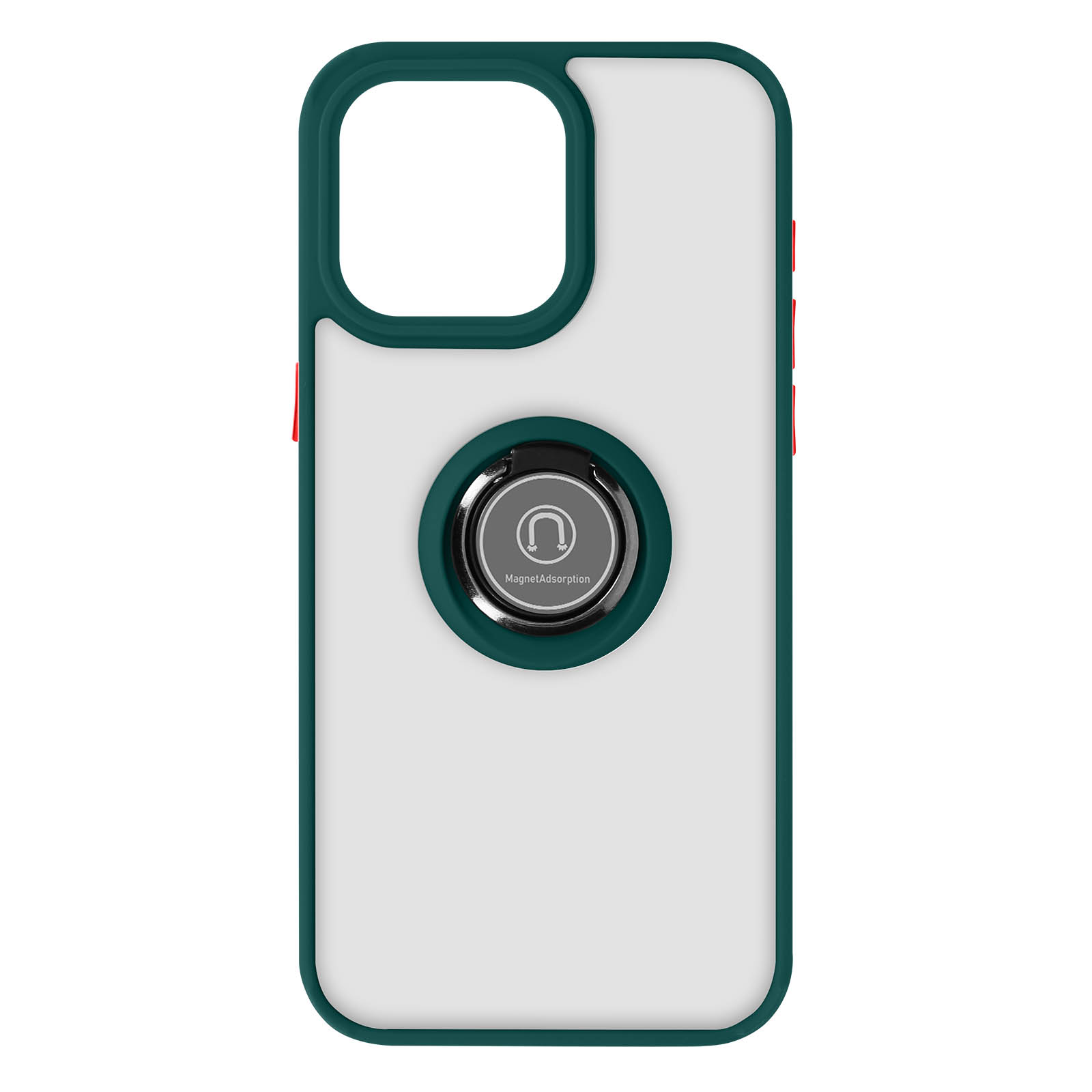Custodia per telefono con anello. Bordi verdi e retro bianco. Sfondo bianco. MagnetAdsorption.