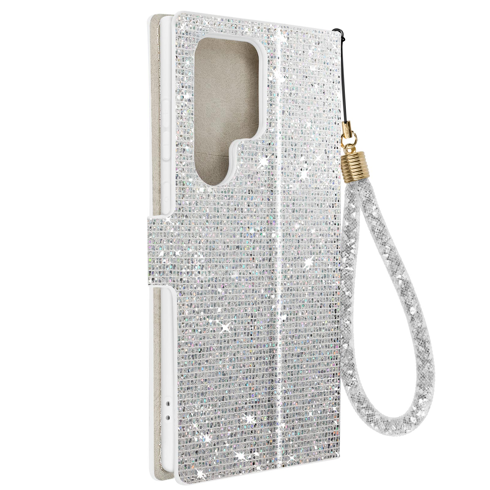 È mostrata una custodia per telefono con molti glitter. Il telefono è bianco, la custodia è argentata.