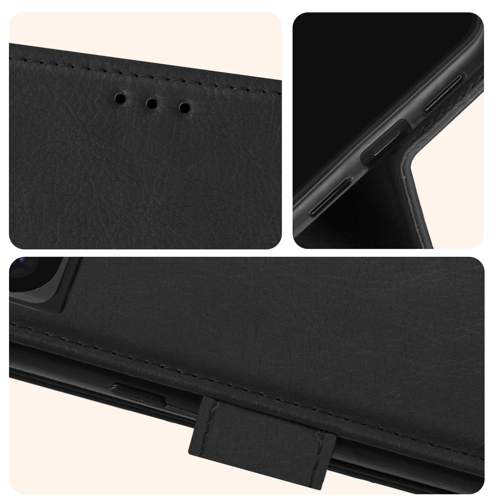 Primo piano dei dettagli di una custodia per telefono in pelle nera. Include cuciture, fori e una chiusura magnetica.