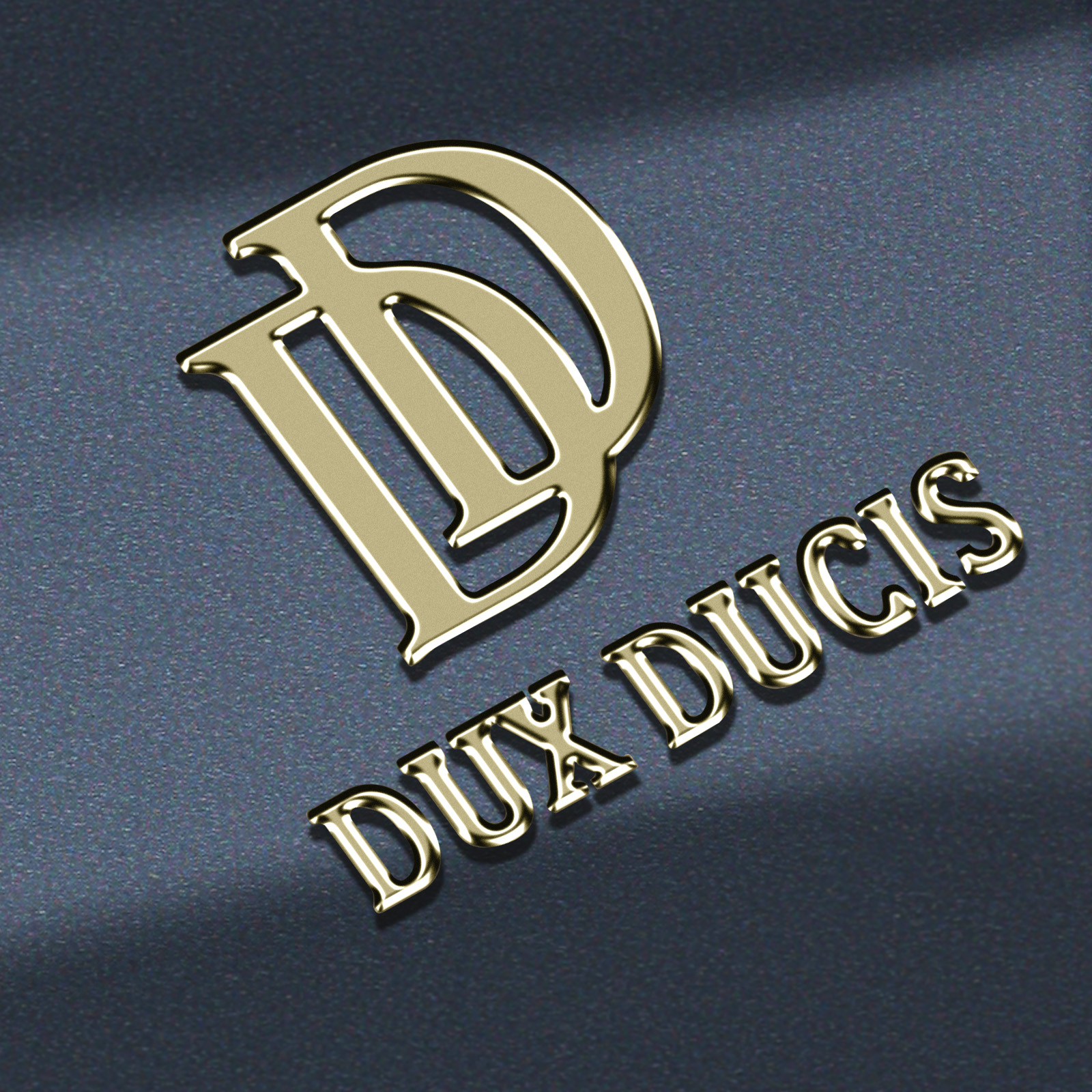 Goldenes Logo von DUX DUCIS auf dunkelblauem Hintergrund. Glänzend und reflektierend.