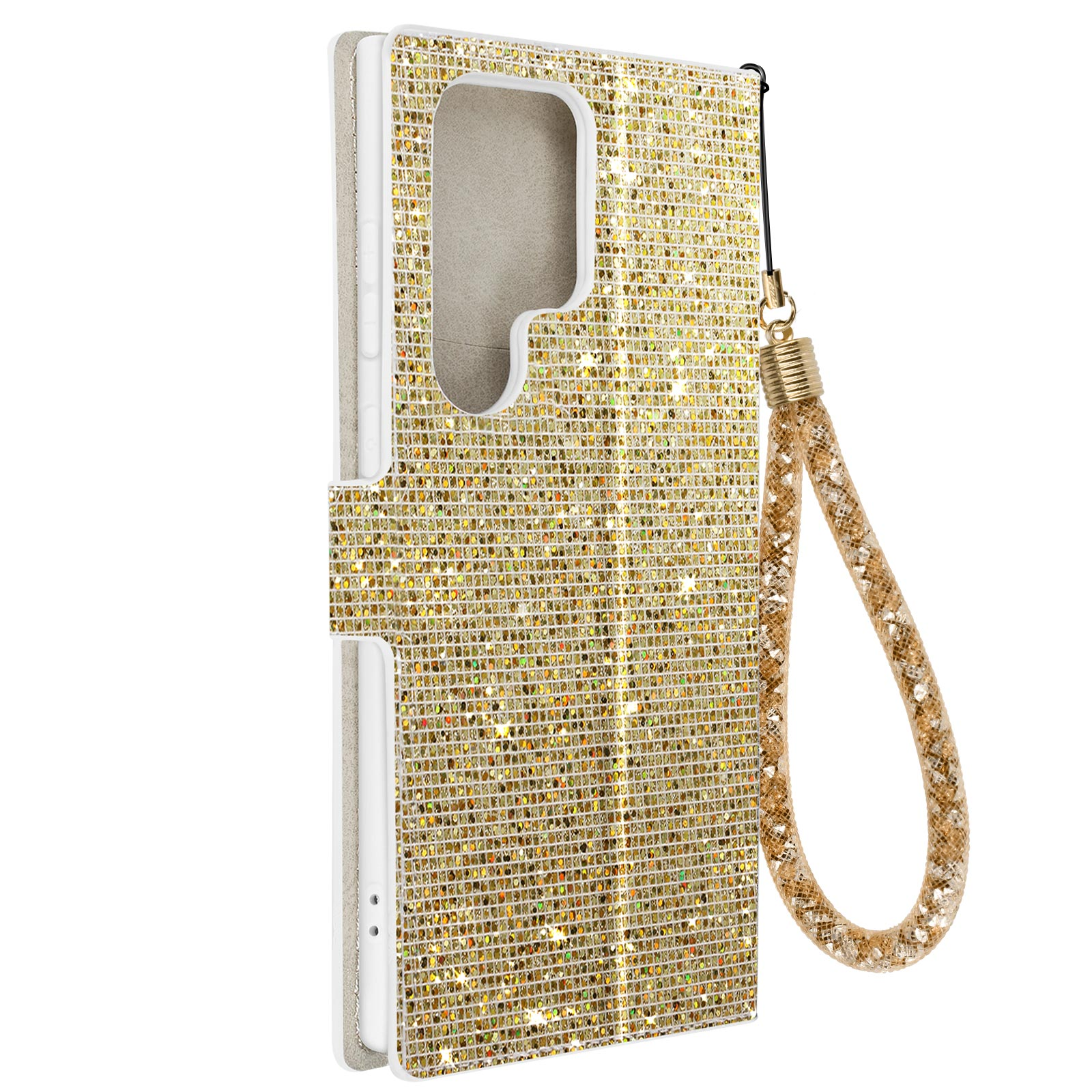 Una custodia per telefono dorata e scintillante con cinturino da polso. È in stile a portafoglio con una cover.