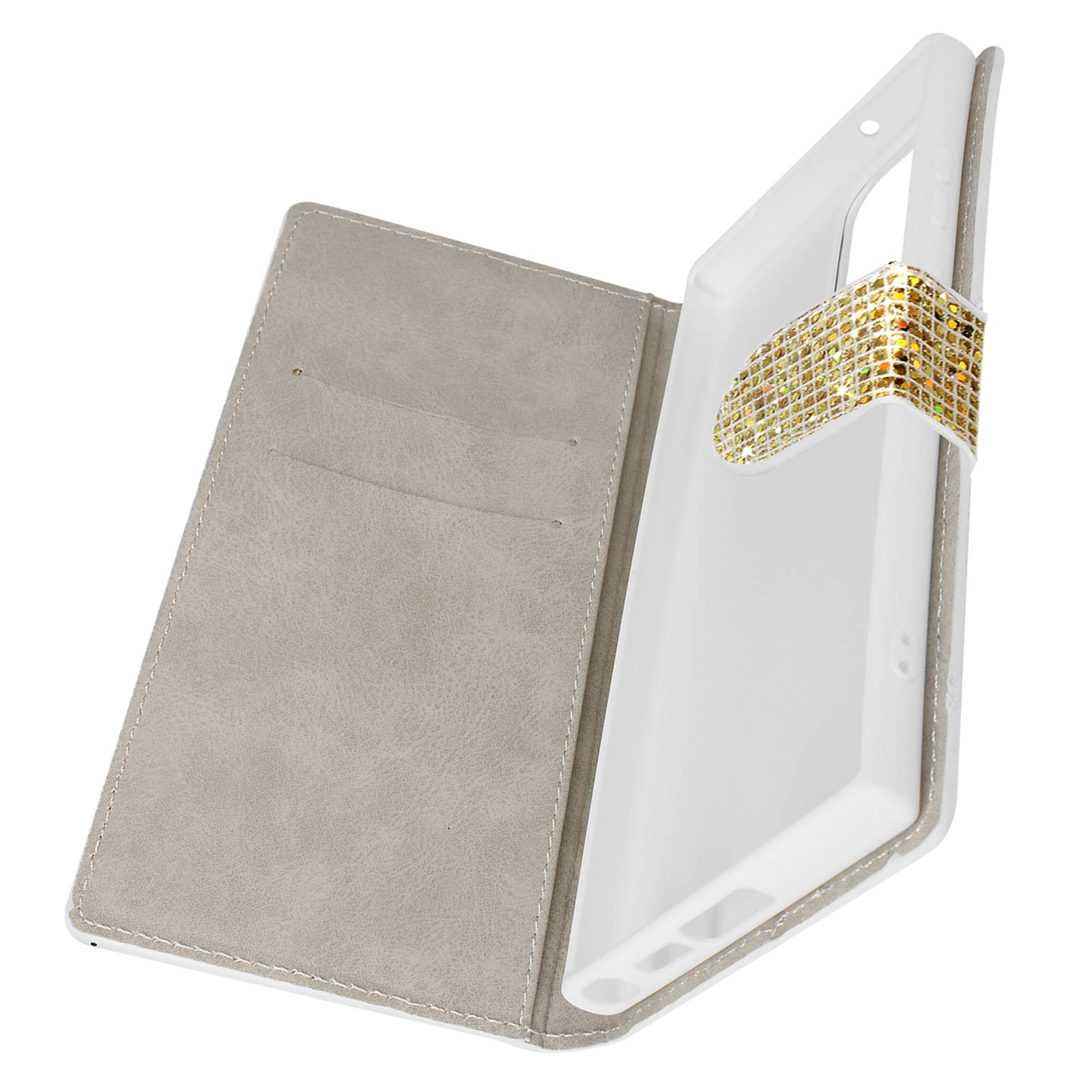 Custodia telefono aperta con design paillettes oro all'interno.