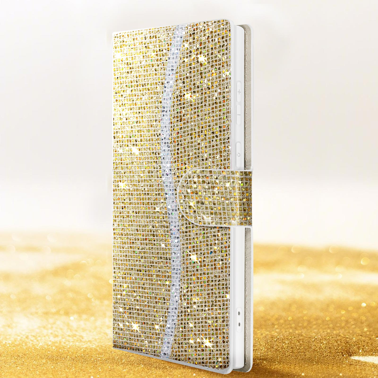 Una custodia dorata e glitterata per telefono viene mostrata aperta. Una striscia bianca è visibile sul bordo sinistro.