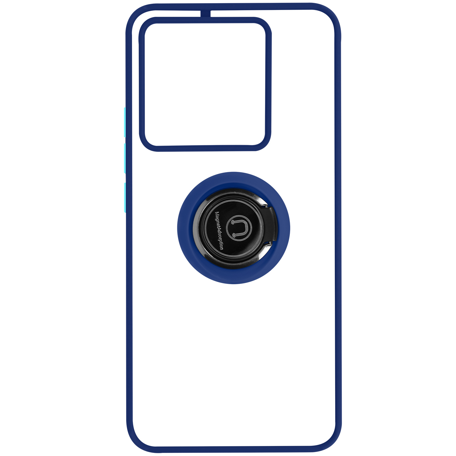 Witte telefoonhoes met een donkerblauwe ringhouder en een rechthoekige ruimte voor de camera.