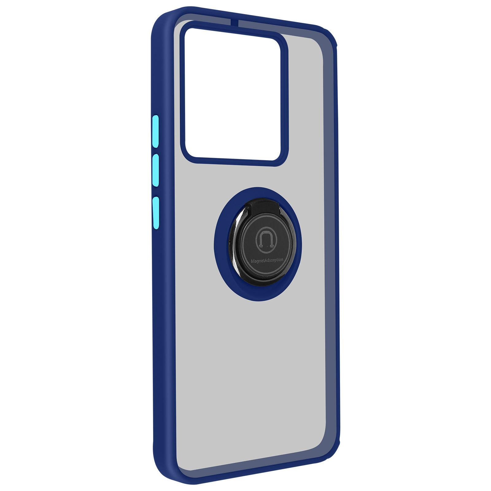 Blauwe en transparante telefoonhoes met ringhouder. Witte achtergrond.