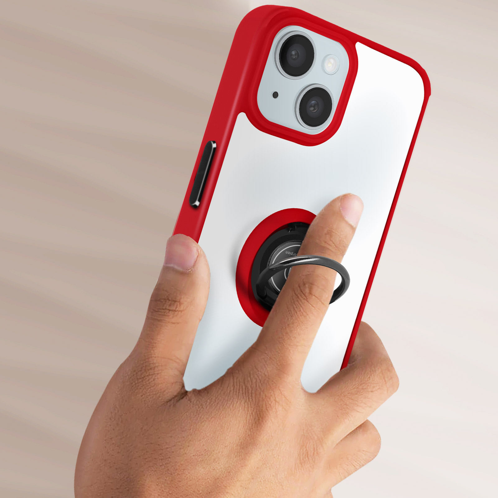 Una mano che tiene una custodia per telefono rossa e bianca con un anello di presa nero.