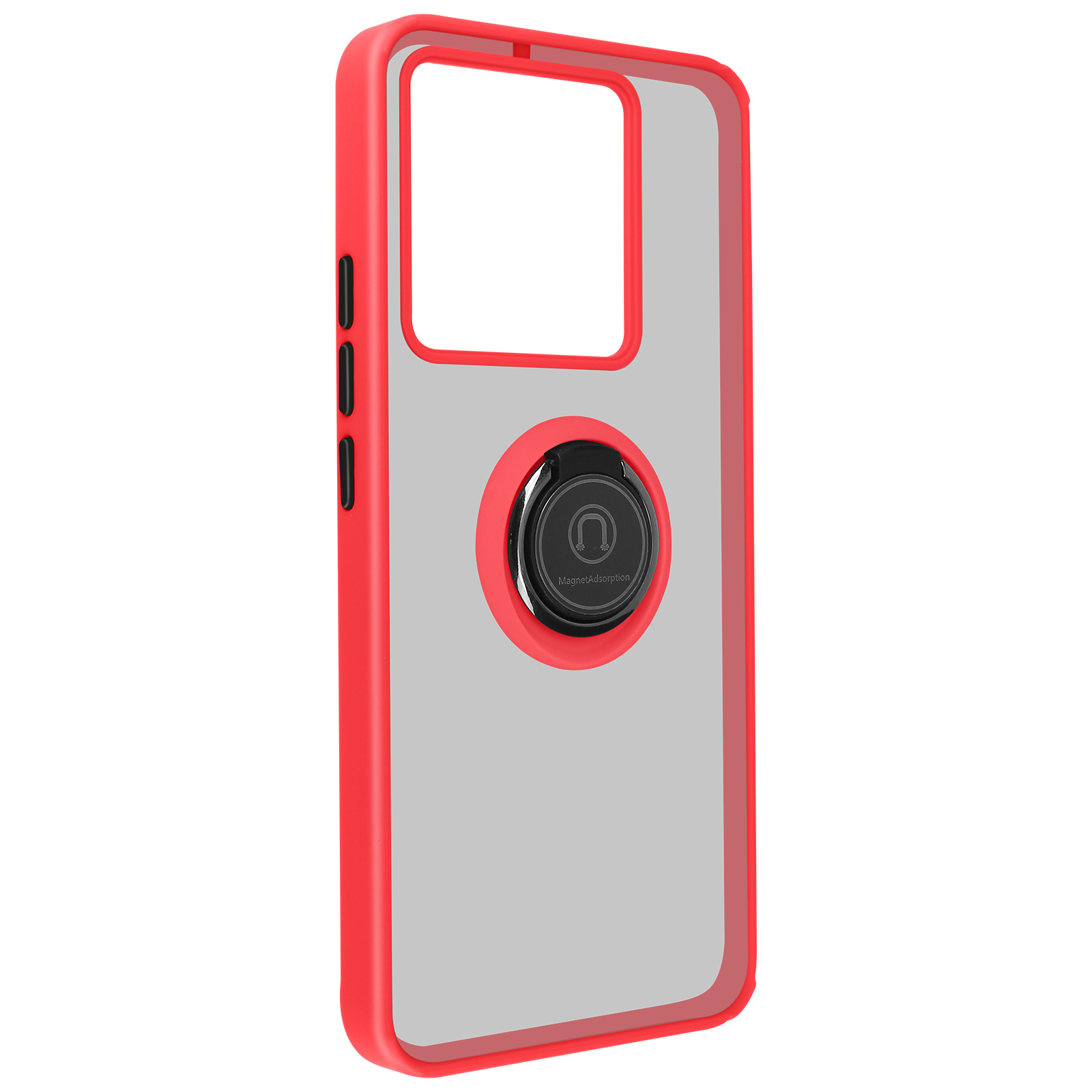 Custodia rossa per telefono con retro trasparente e supporto ad anello nero al centro.