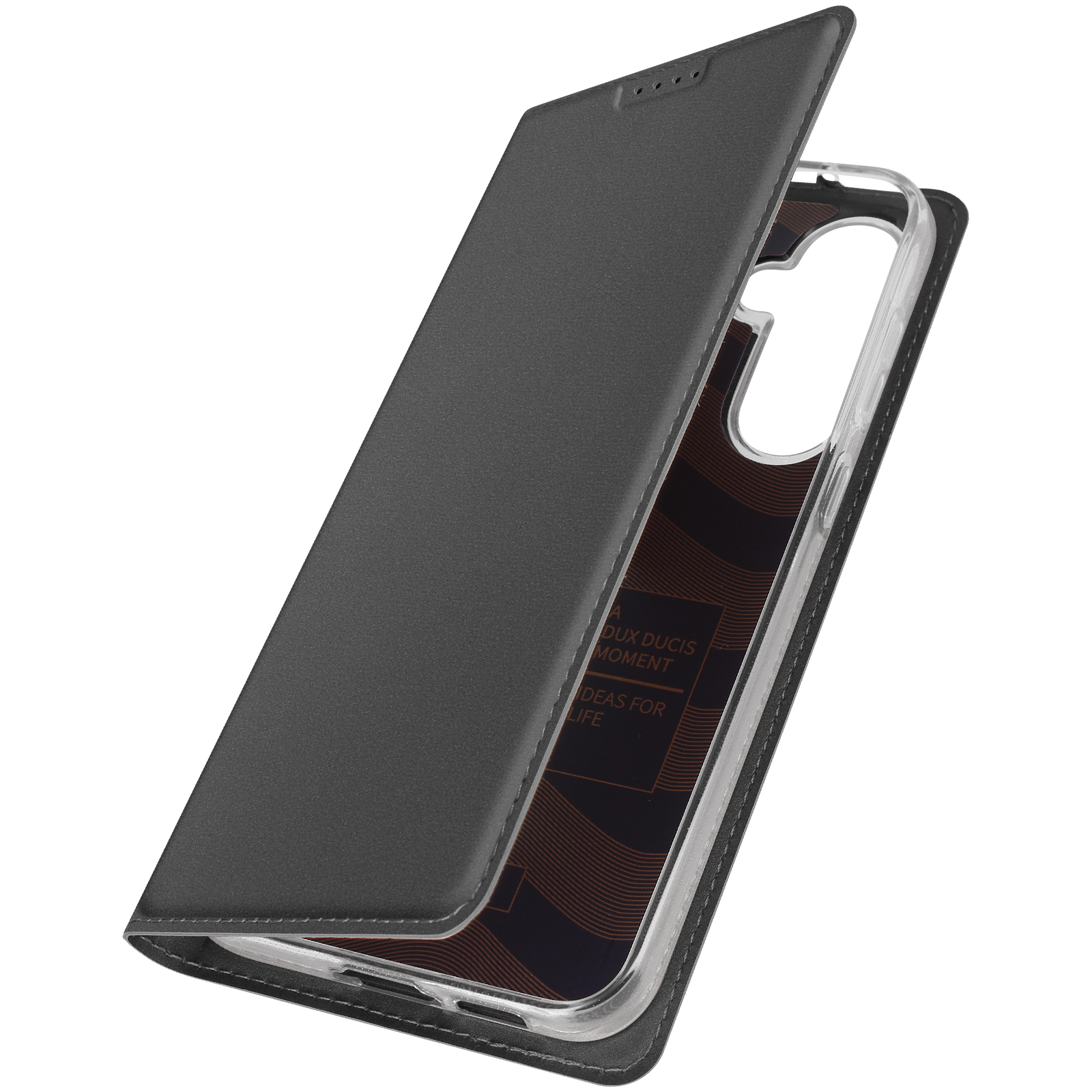 Custodia per telefono nera, parzialmente aperta, che rivela l'interno di un telefono. Sfondo grigio.