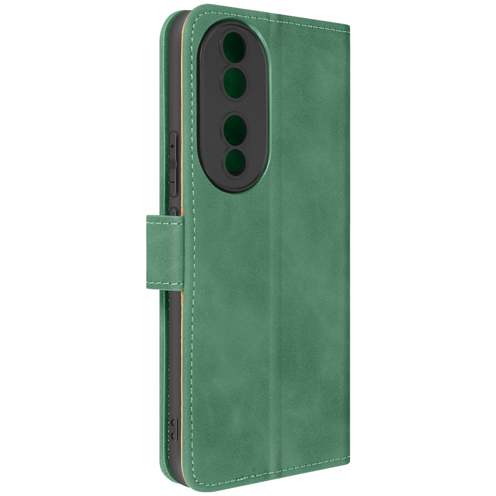 Custodia verde per telefono aperta, che mostra il lato del telefono. La custodia ha una chiusura.