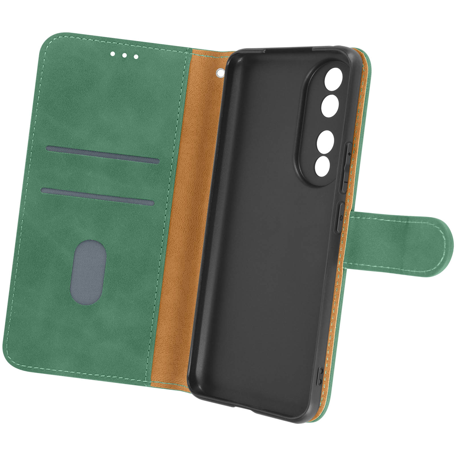 Custodia per telefono verde in stile portafoglio. È aperta, mostrando il supporto del telefono e una tasca.