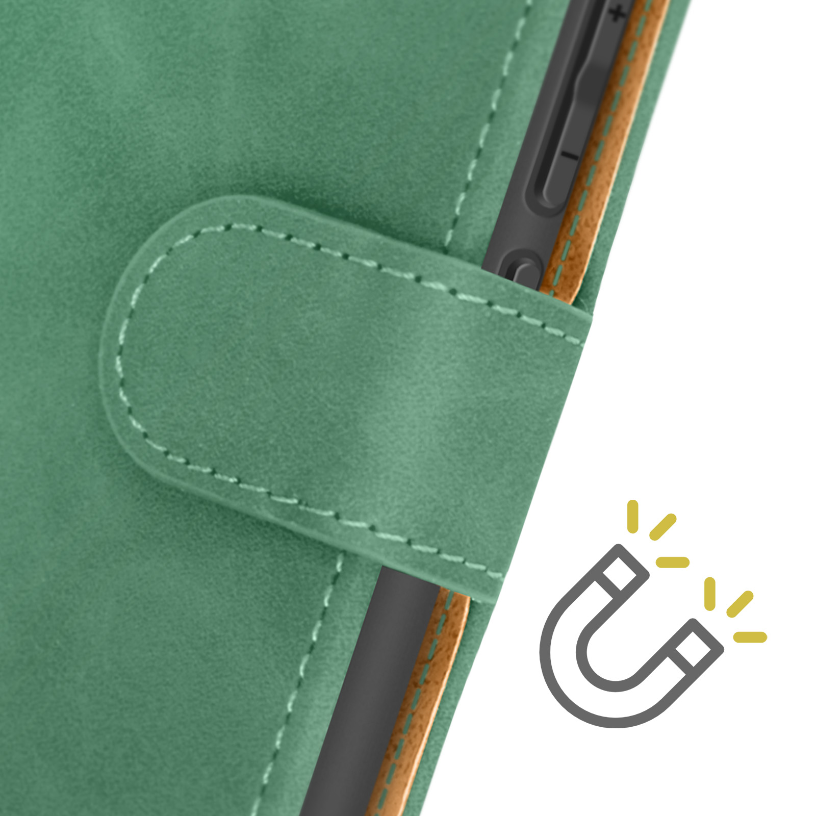 Una custodia per tablet verde con chiusura magnetica.