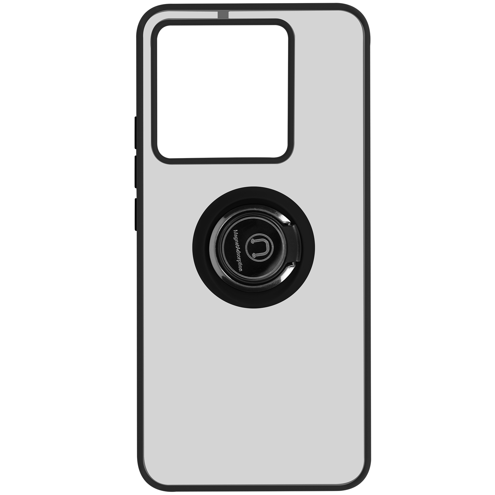 Coque de téléphone argentée avec anneau noir. L'anneau est magnétique et bord noir autour.