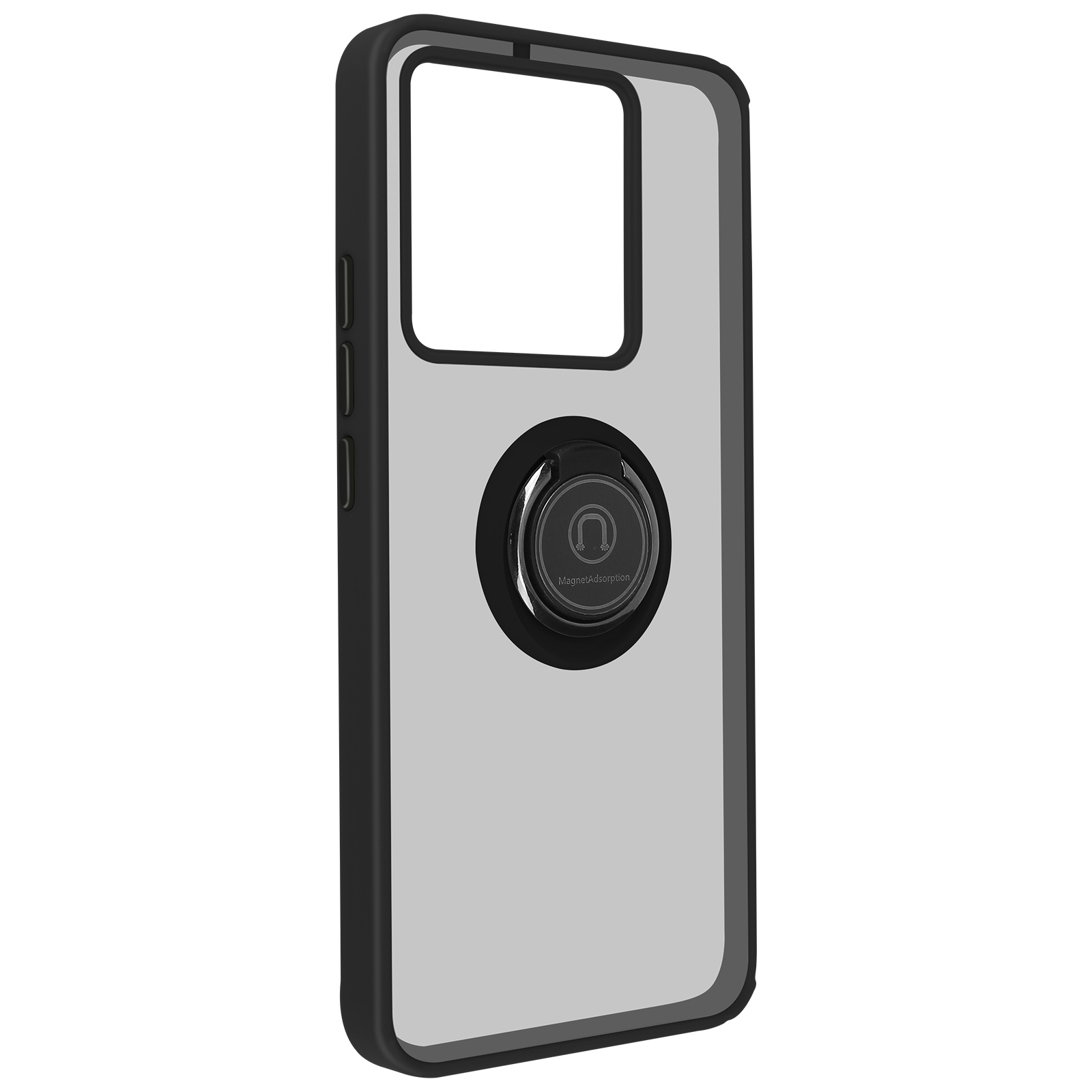 Coque de téléphone noire avec un support d'anneau. L'étui est sur une surface blanche.