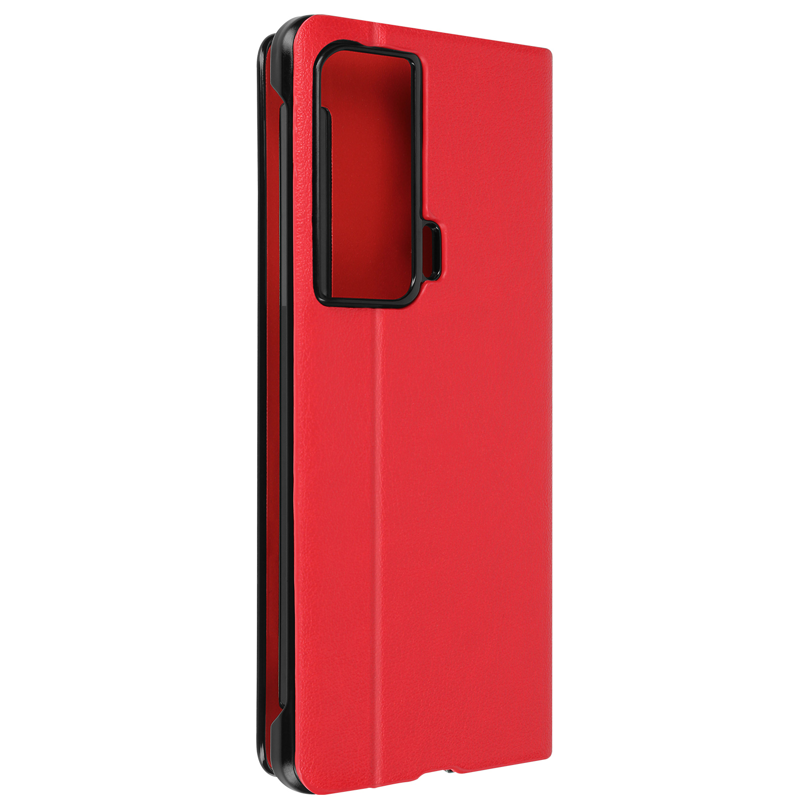 Custodia per telefono rossa, chiusa, che mostra un ritaglio per la fotocamera. Cornice nera intorno alla fotocamera. Sfondo scuro.