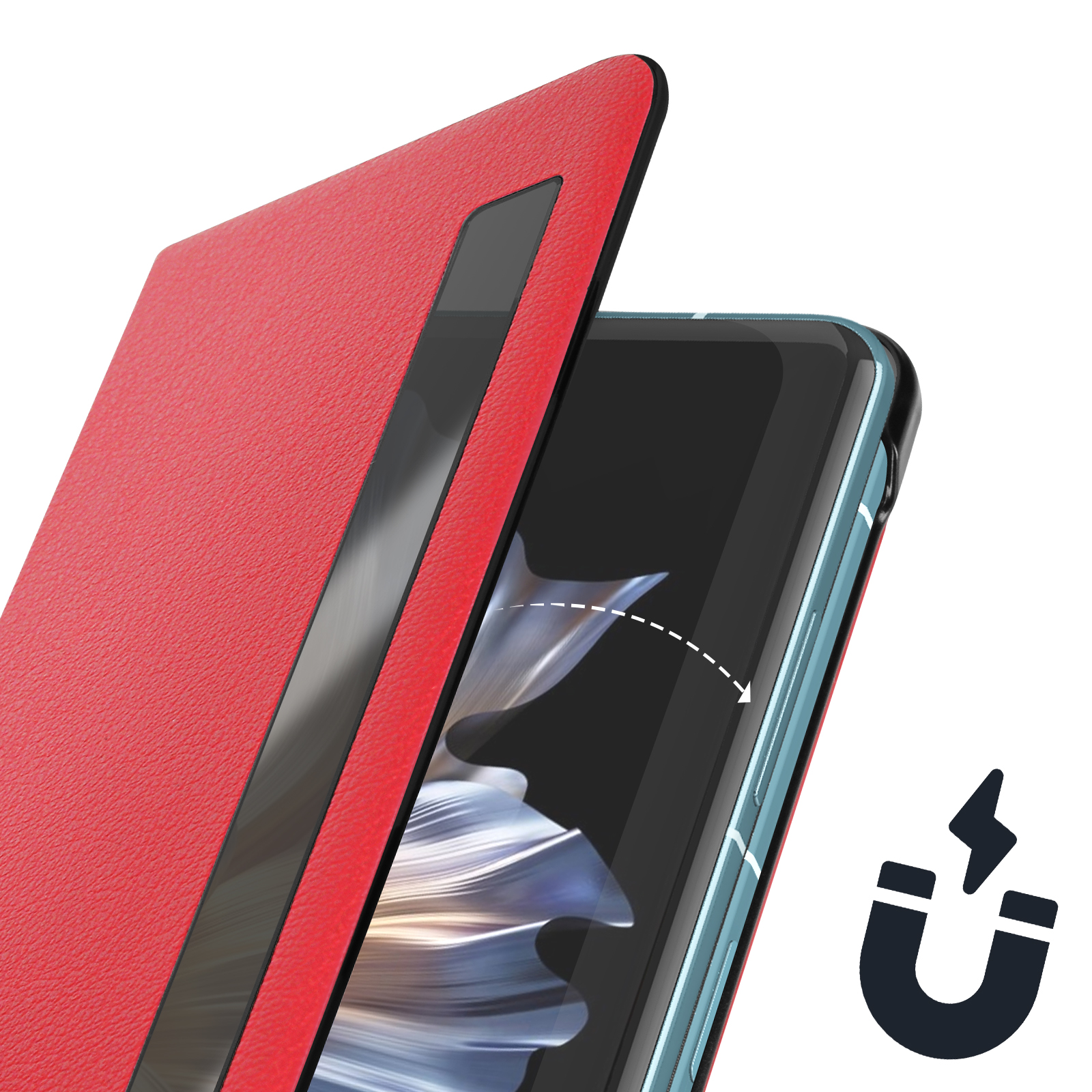 Custodia rossa per telefono con coperchio rosso aperto. Simbolo del magnete.