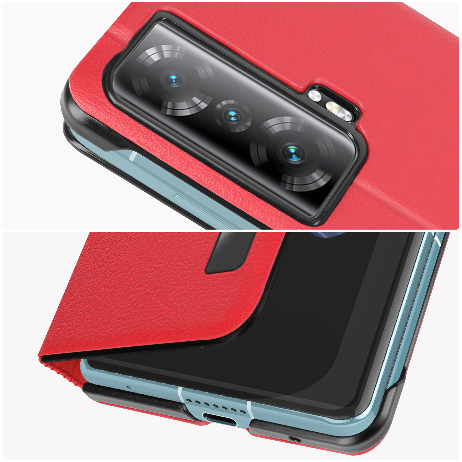 Primo piano, custodia rossa per telefono con tripla fotocamera e telefono nero aperto.