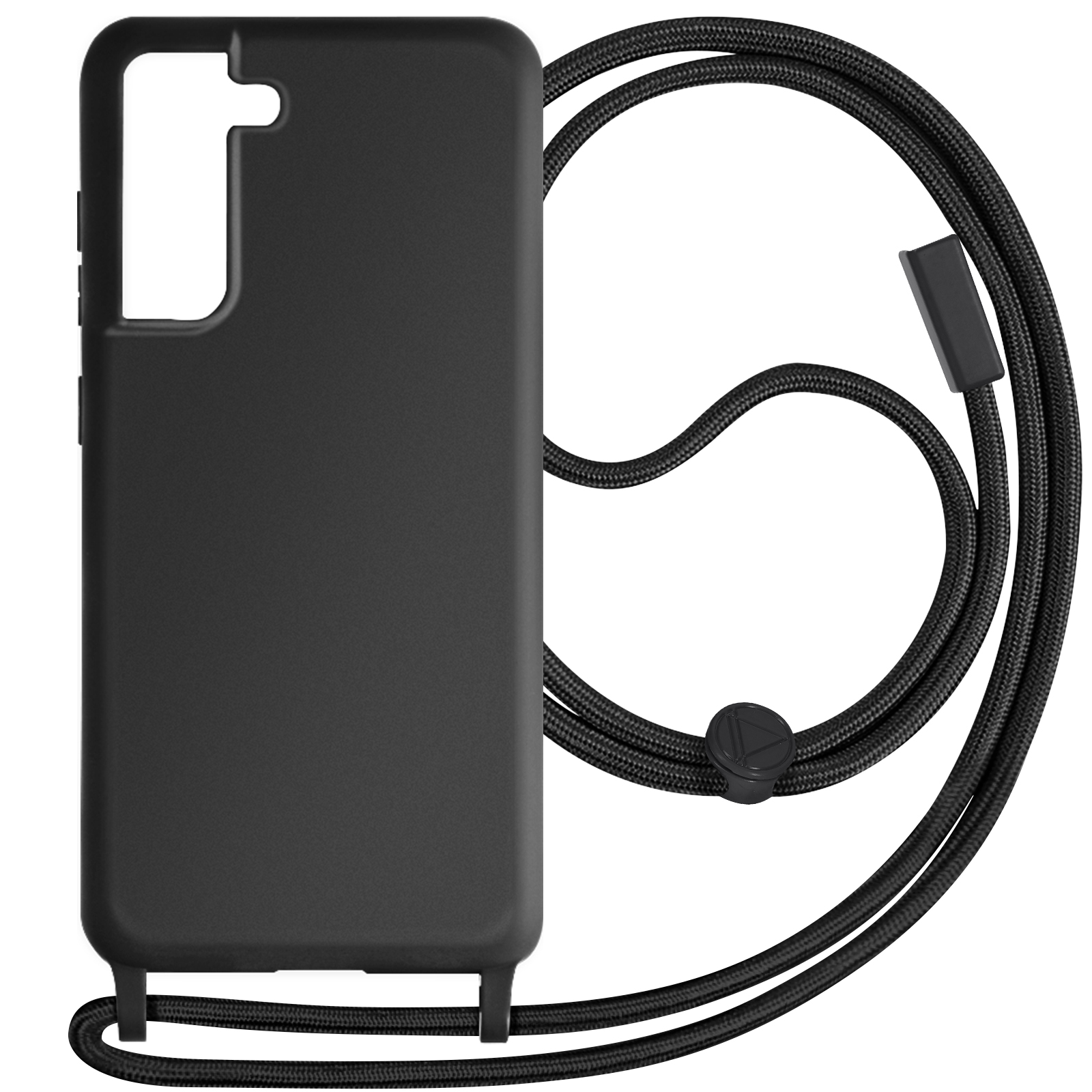 Una custodia per telefono nera con un cordino nero su sfondo bianco.