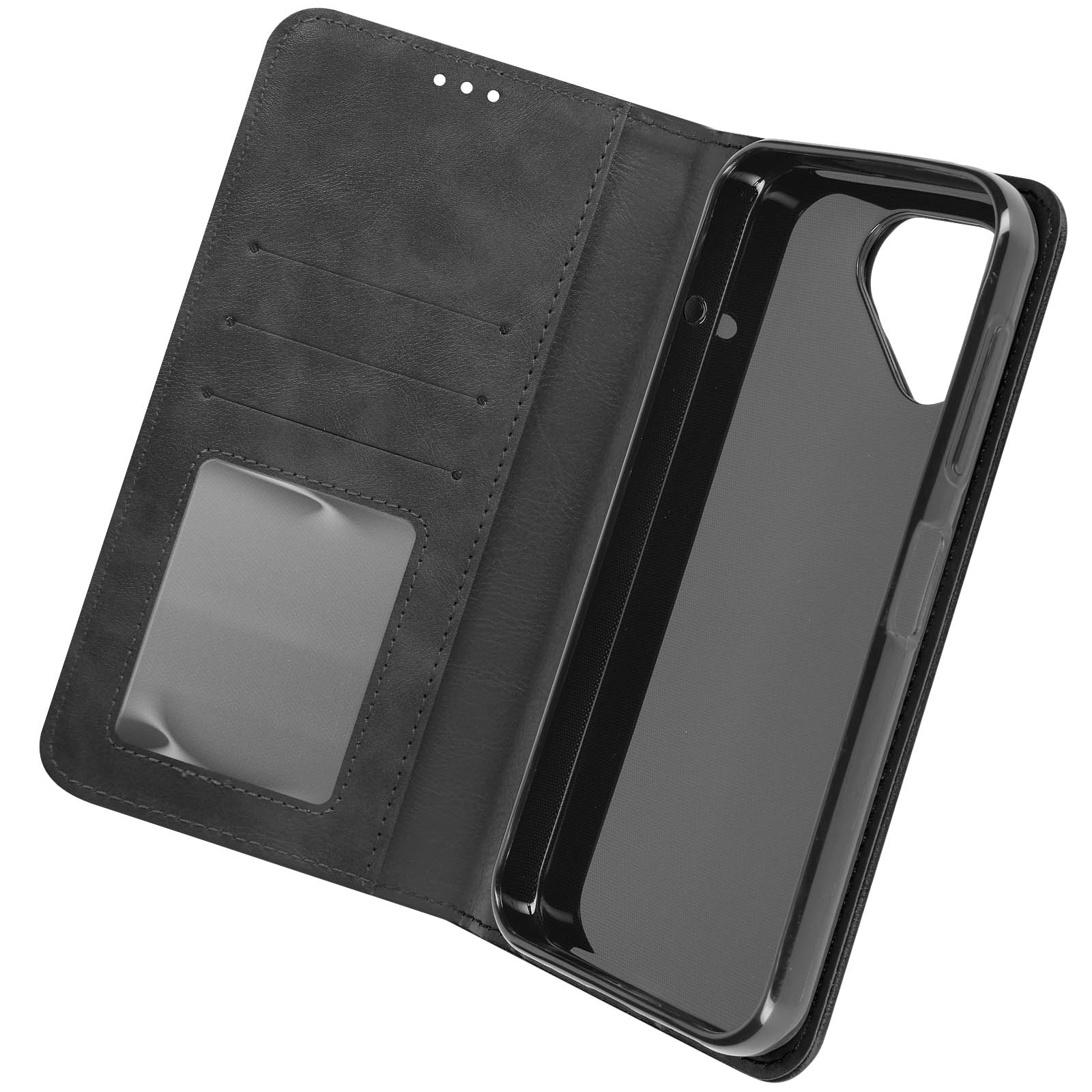 Custodia per telefono nera aperta, che rivela il supporto del telefono e le tasche per le carte.