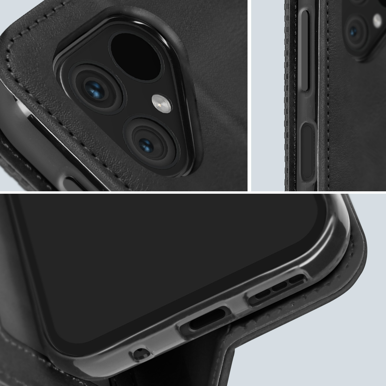 Primo piano di una custodia per telefono con configurazione a doppia fotocamera e pulsanti laterali.