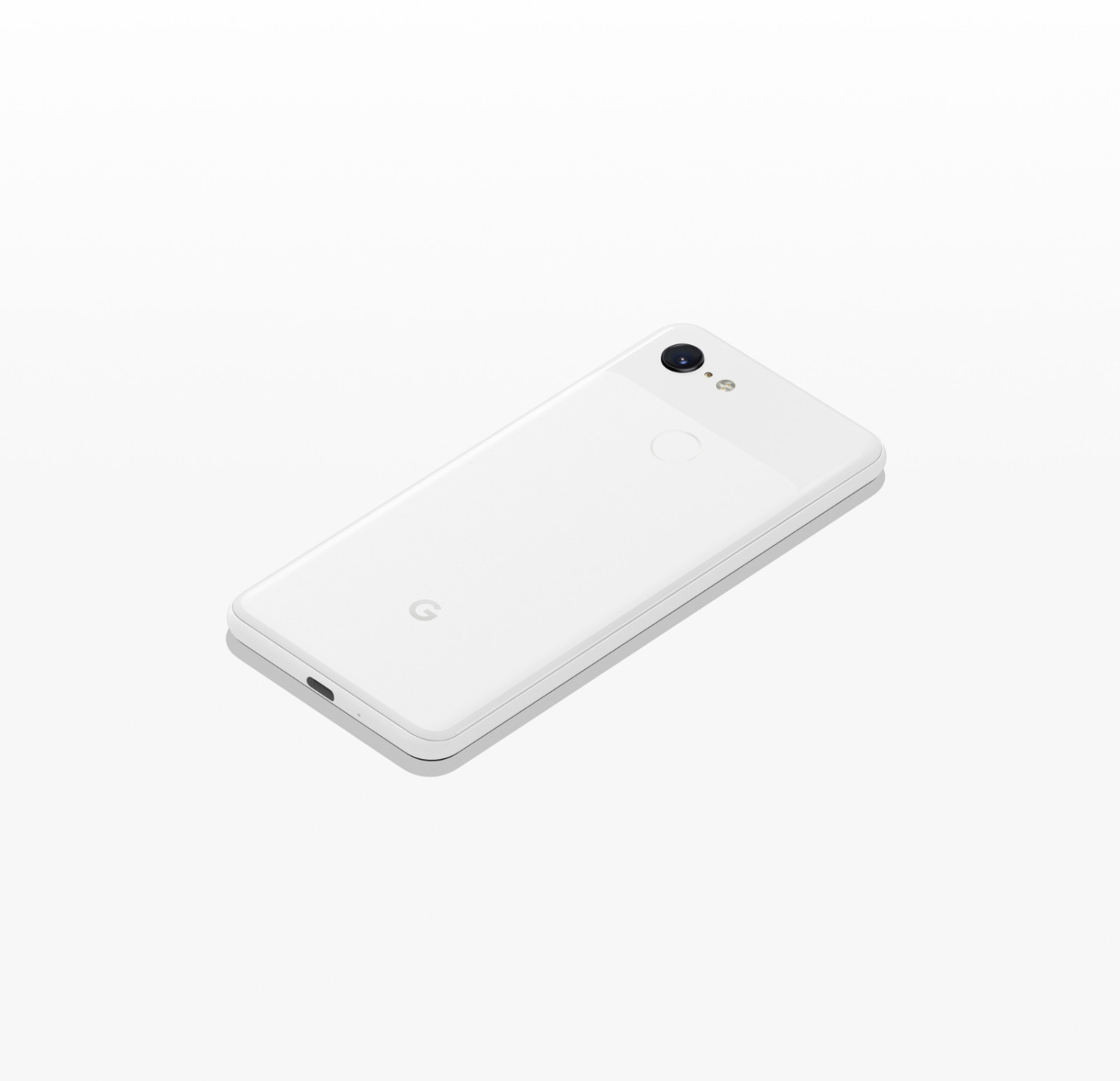 Weißes Google Pixel-Telefon, leicht angewinkelt. Zeigt die Kamera und das 'G'-Logo.