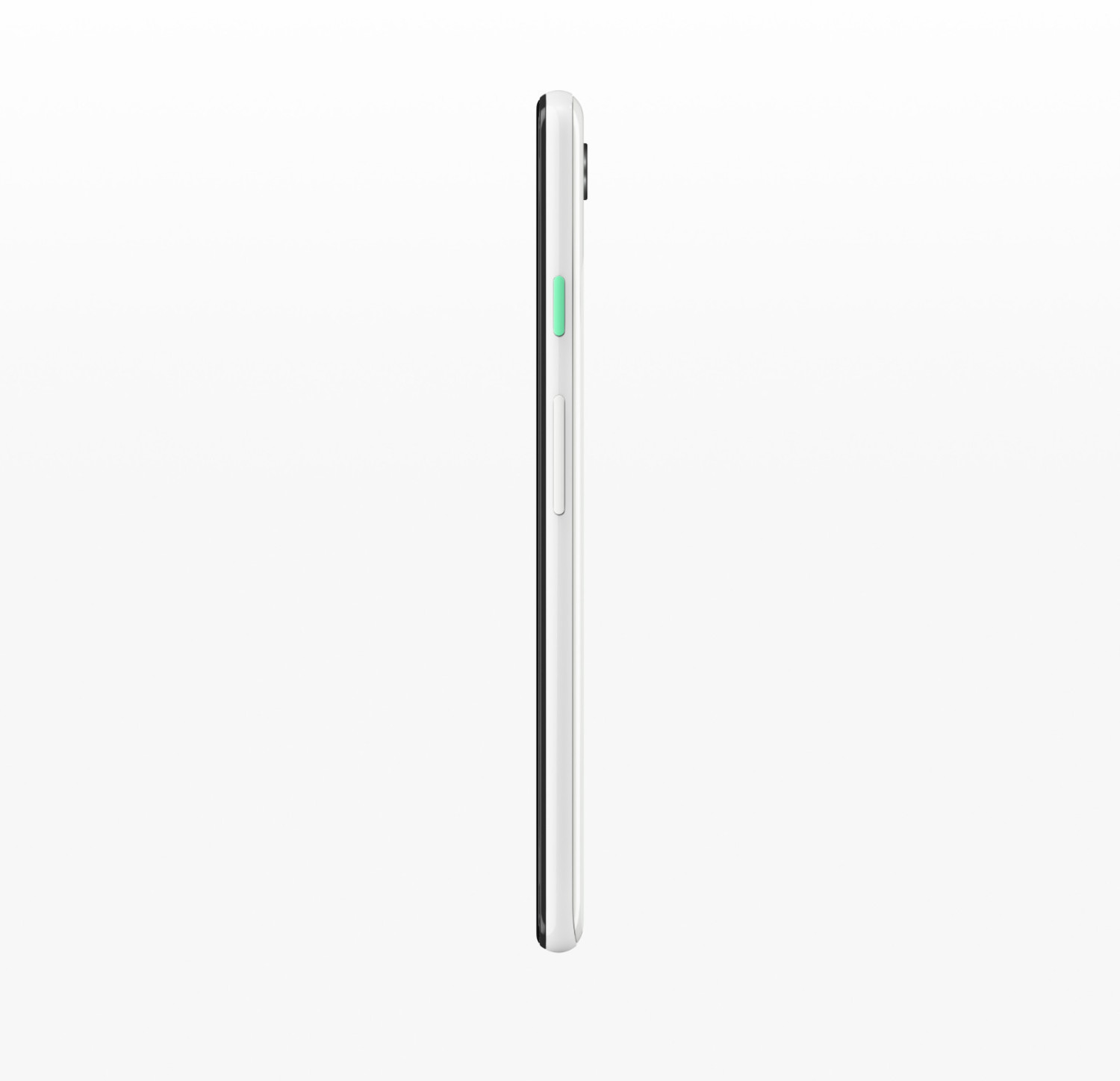 Seitenansicht eines weißen Smartphones mit Lautstärketaste. Schwarze Ränder. Grüne Taste.