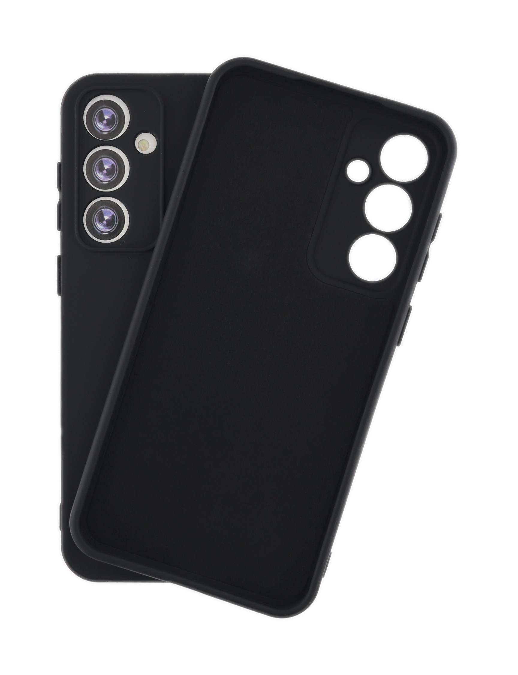 Zwei schwarze Handyhüllen. Eine bedeckt ein Telefon mit drei Kameralinsen. Die andere ist leer.